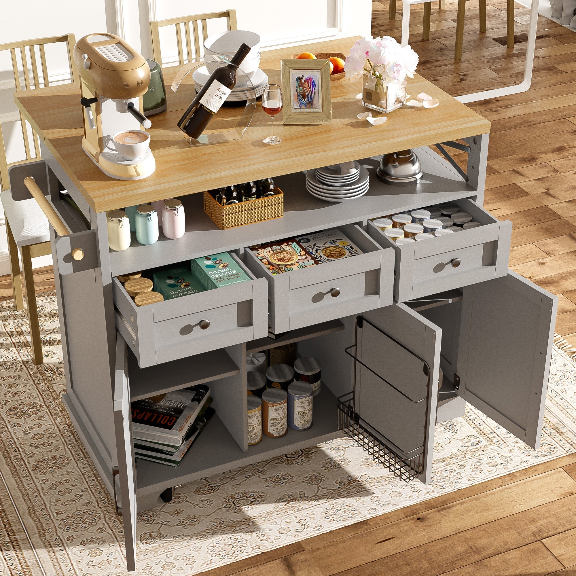 Logidon keukeneiland grijs met veel opbergruimte 118 x 43-80 x 98 cm
