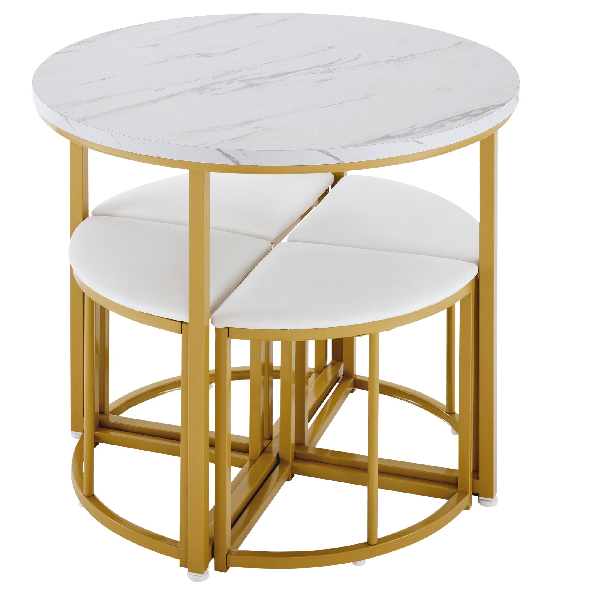 Logidon eetkamerset ronde tafel wit marmerlook goud frame 4 stoelen