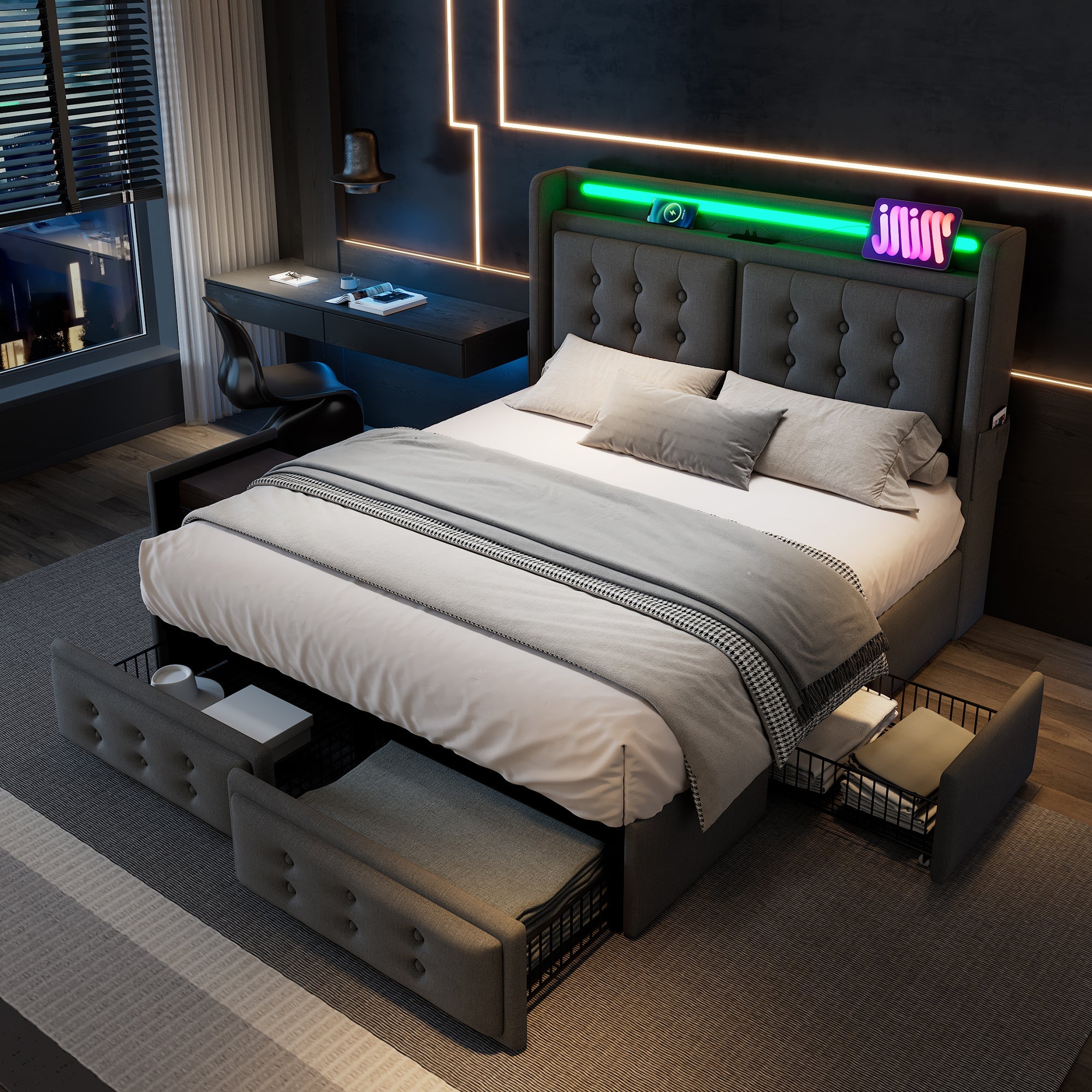 Logidon gestoffeerd bed 140x200 grijs met LED hoofdbord USB-C oplaadfunctie