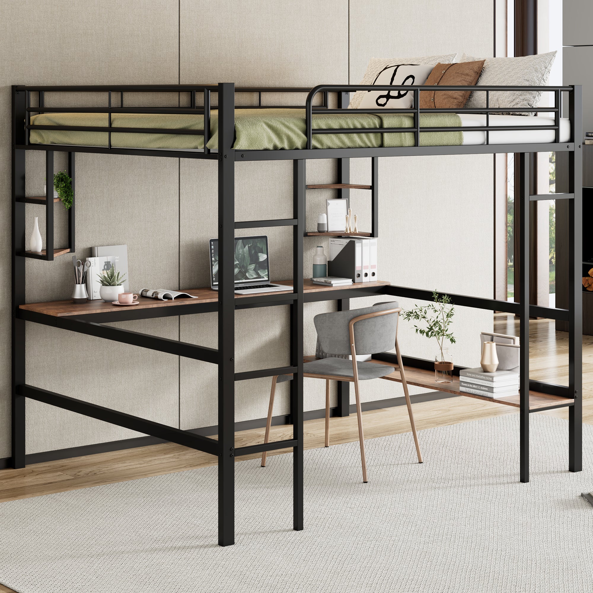 Logidon loft bed 140x200 black with desk and shelves