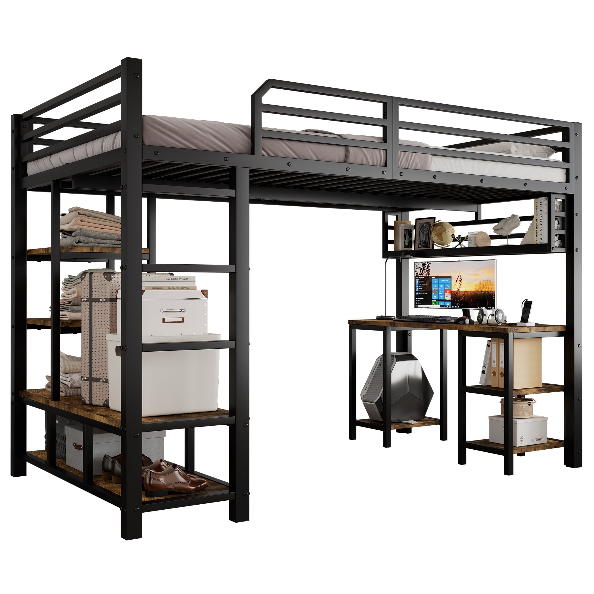 Logidon hoogslaper 120x200 cm metaal zwart met bureau en plank