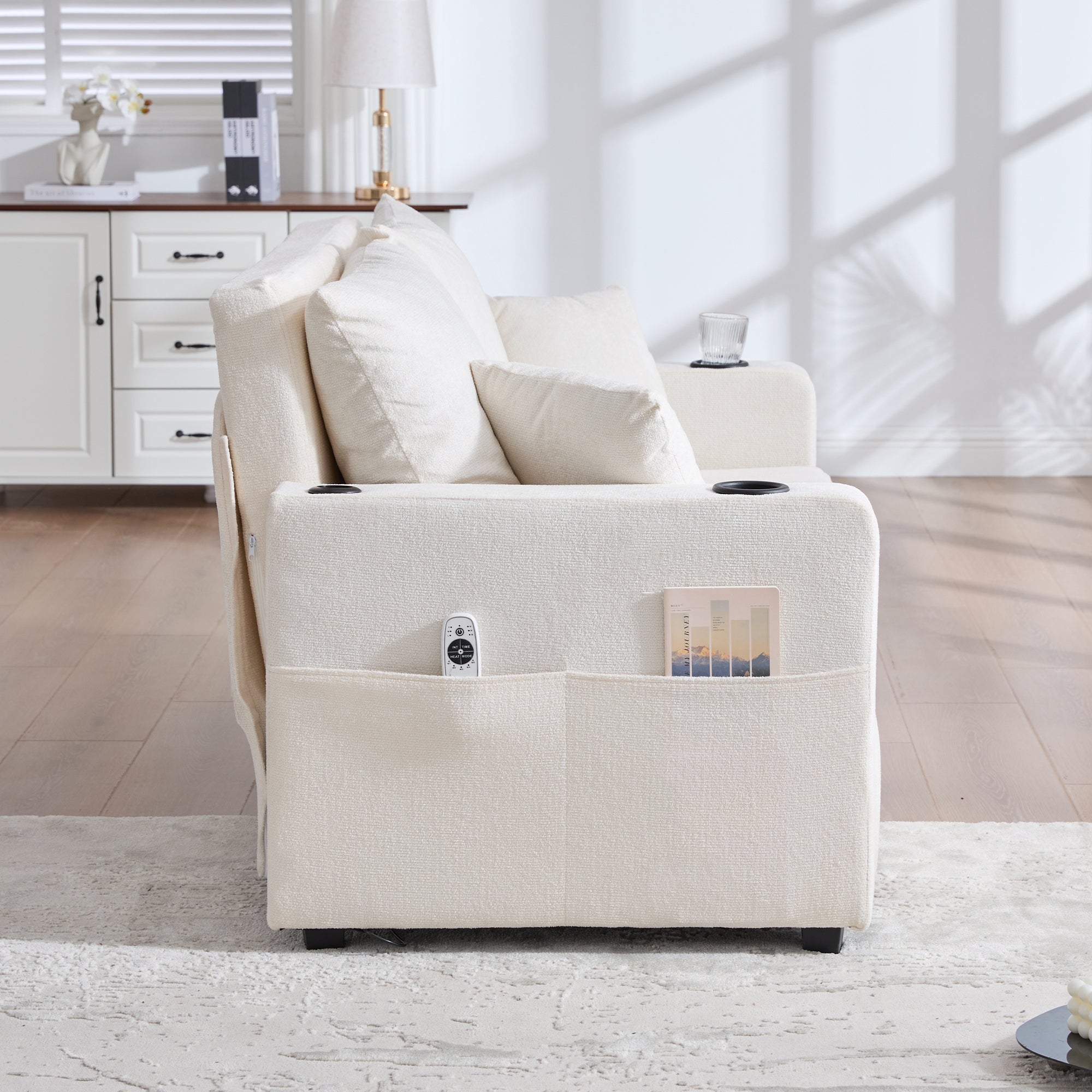 Logidon Beige Fluweel Multifunctionele Stoffen Bank Uitschuifbaar USB
