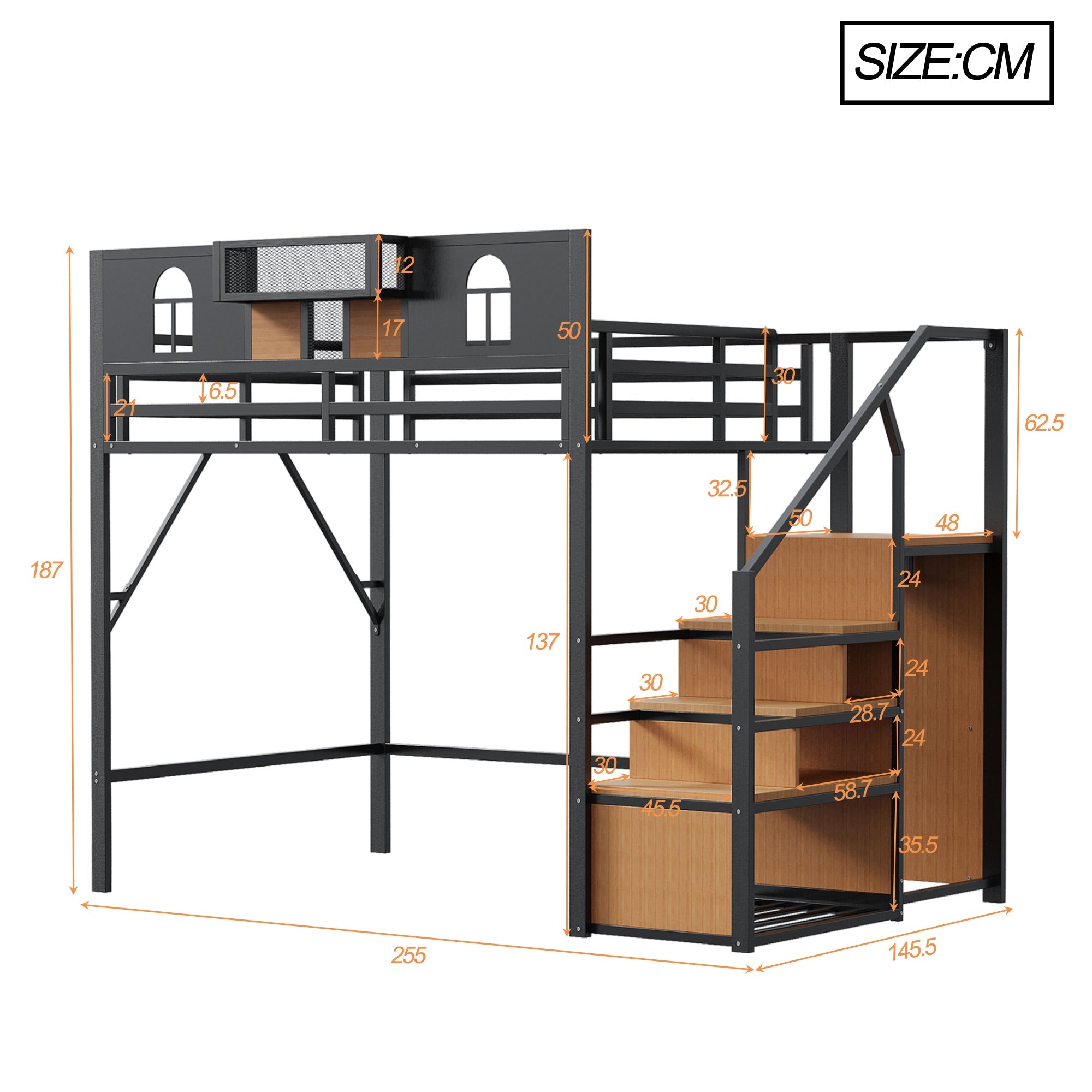 Logidon metalen hoogslaper 140x200 zwart met opbergladder