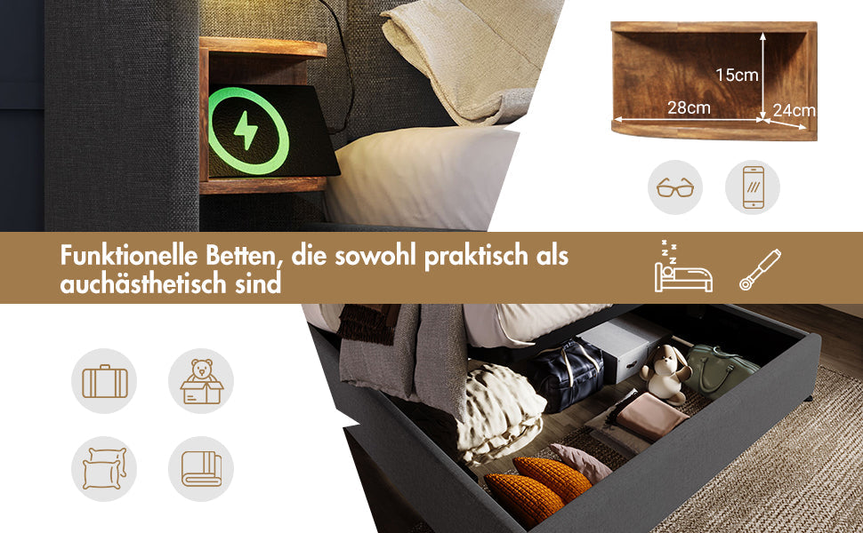 Logidon gestoffeerd bed tweepersoonsbed 180x200 grijs linnen nachtkastje USB C