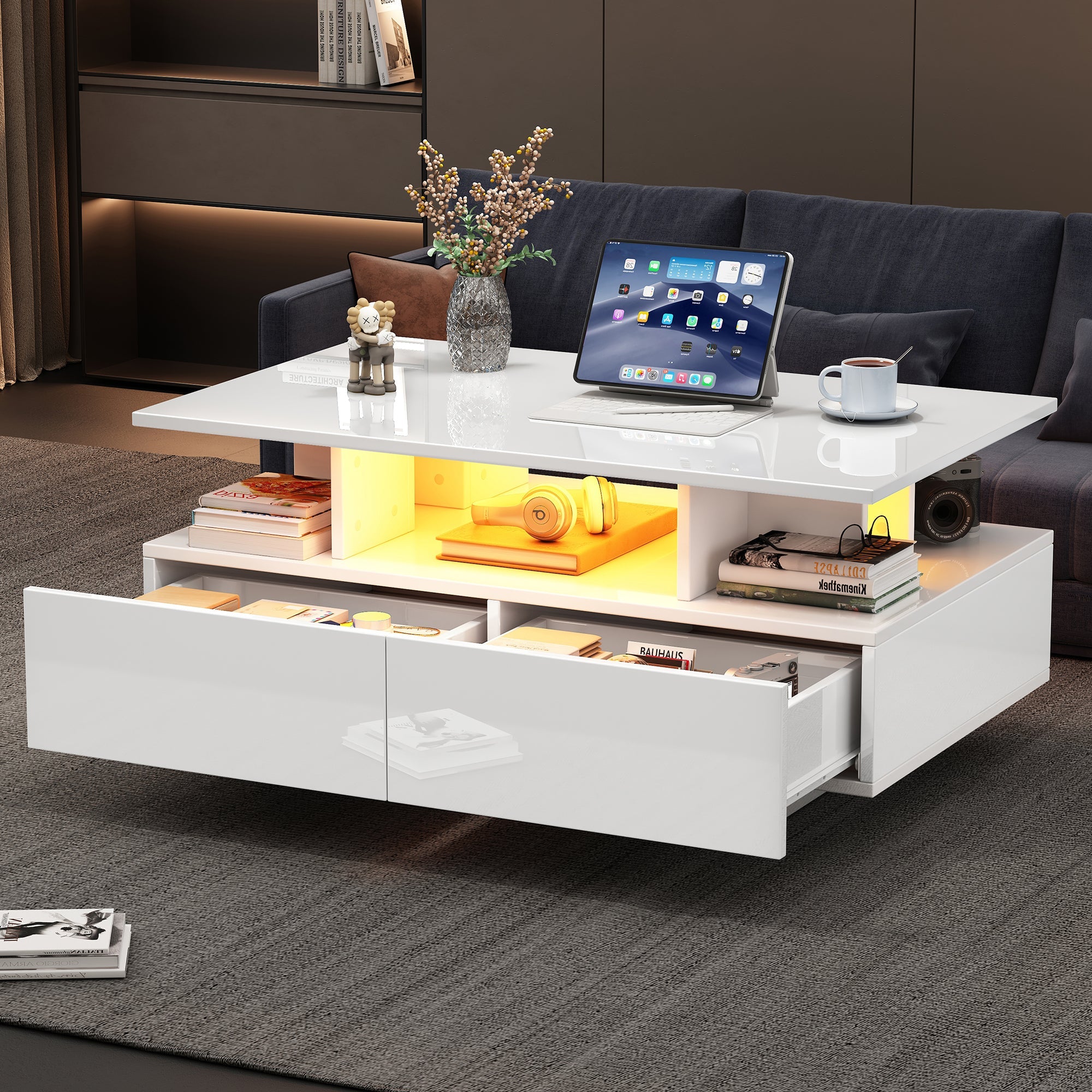 Logidon hoogglans salontafel LED, 2 lades, 90x55x41 cm wit