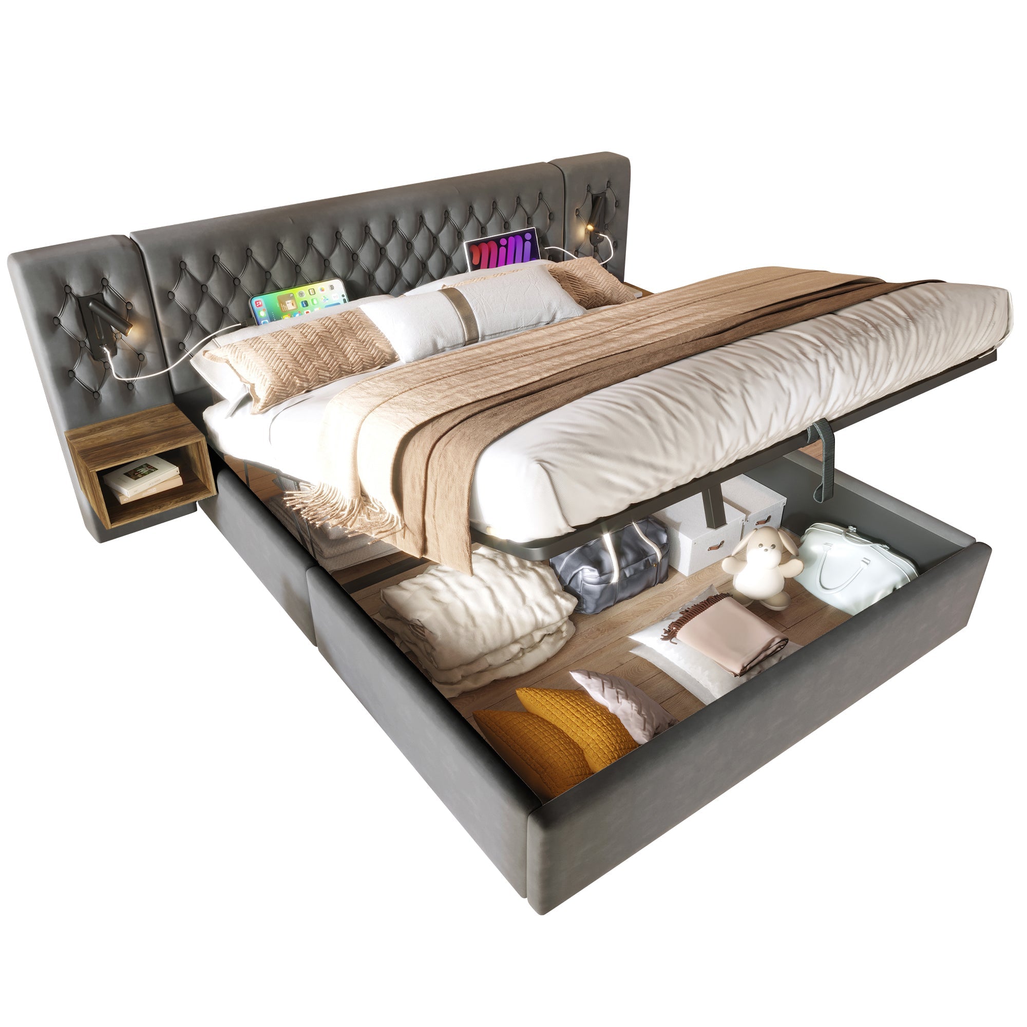 Logidon bedsysteem 160x200 cm gestoffeerd bed met opbergruimte grijs fluweel