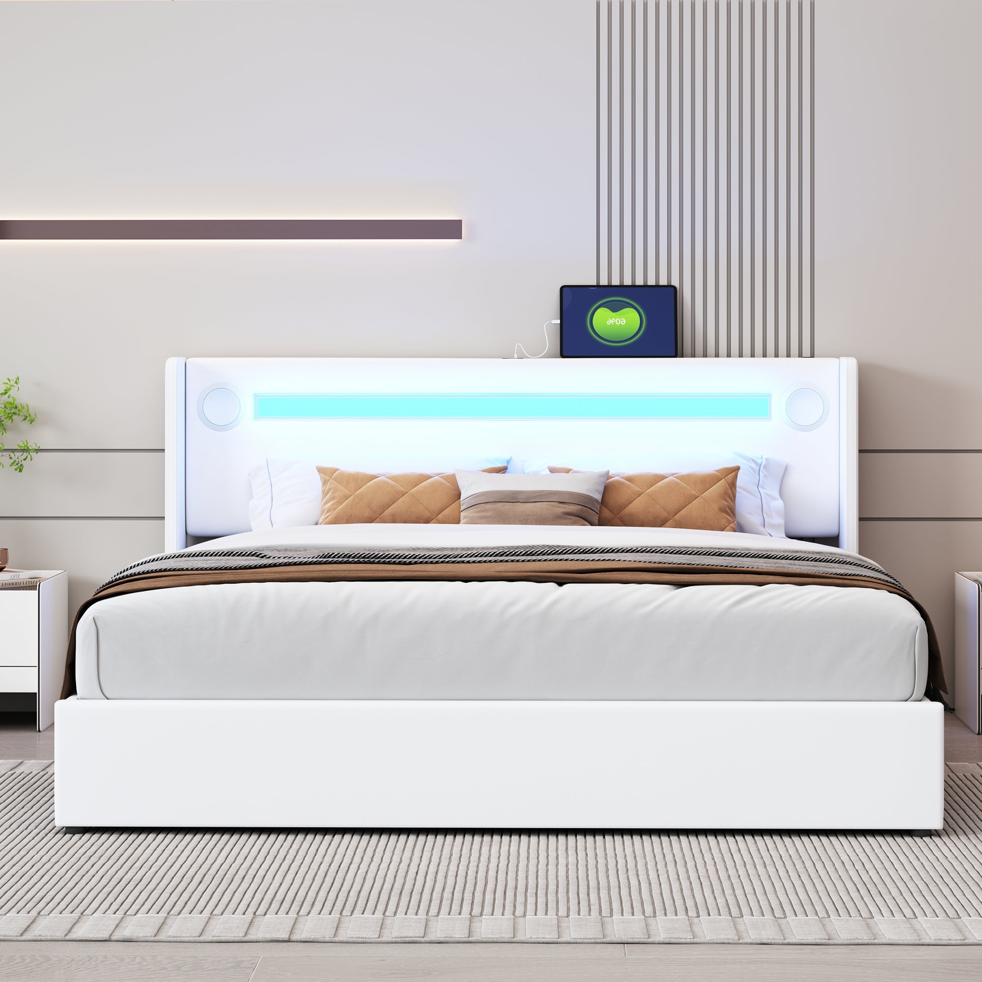 Logidon gestoffeerd bed 160x200 wit met LED lichtstrip Bluetooth USB
