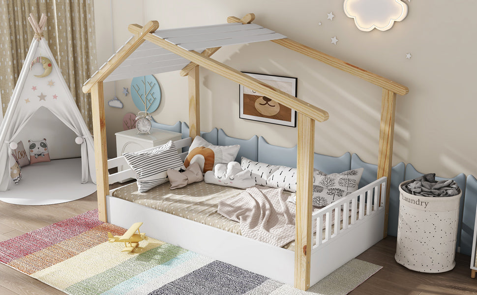 Logidon children's bed 90x200 cm white natural - wooden house design slatted frame
