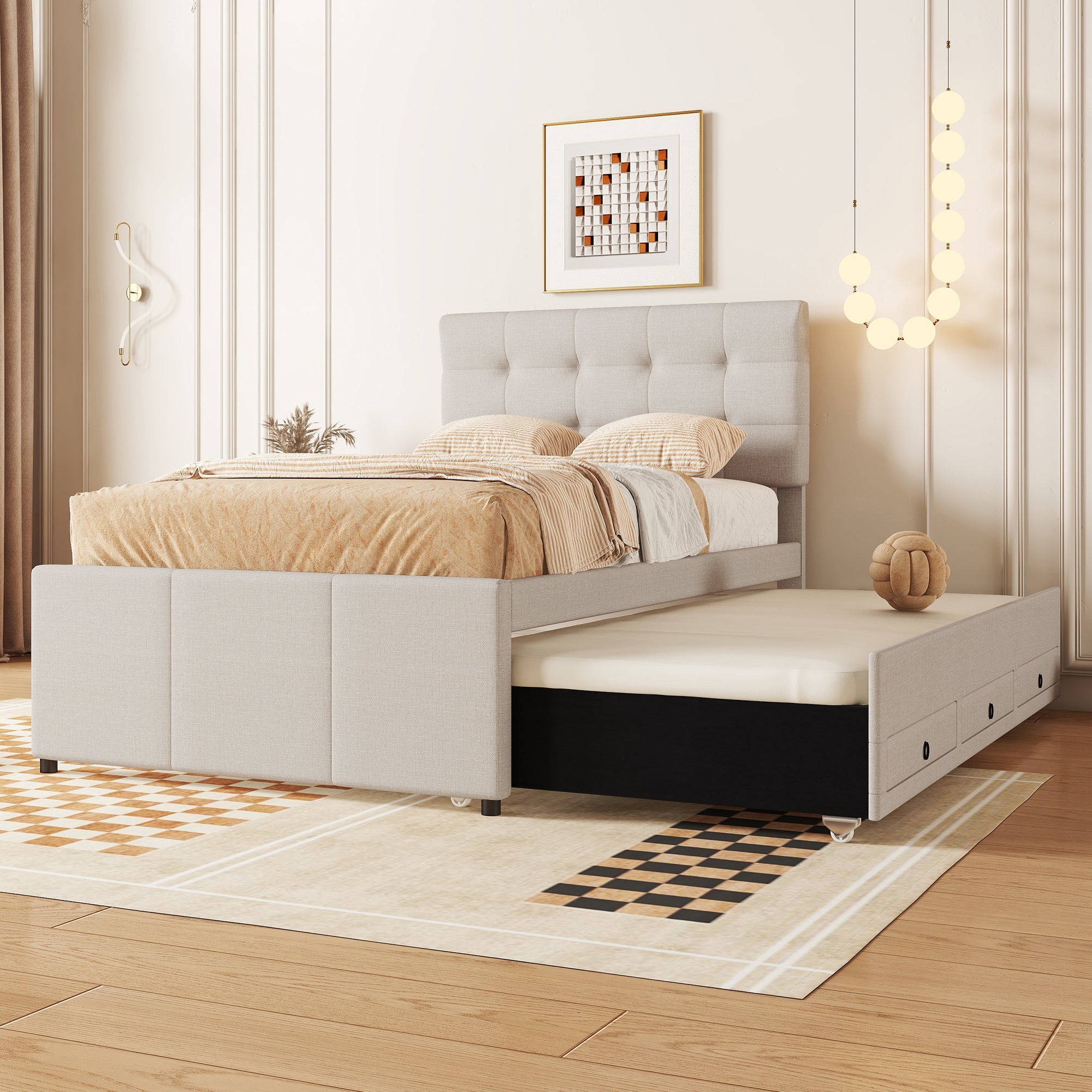 Logidon gestoffeerd bed 90x200 beige uitschuifbaar onderschuifbed 3 lades