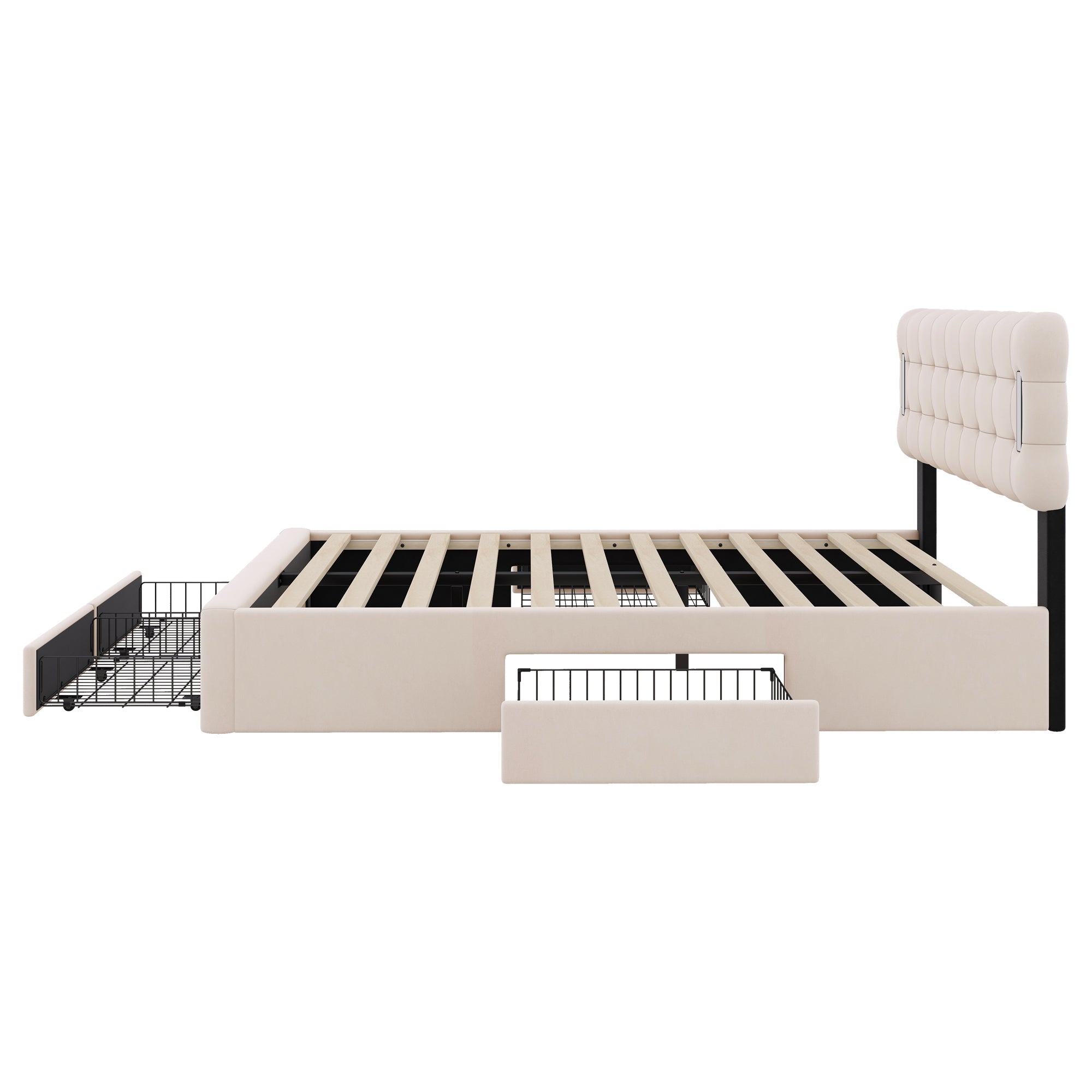 Logidon Flat Bed 140x200 Beige Velvet With Lighting And 4 Drawers