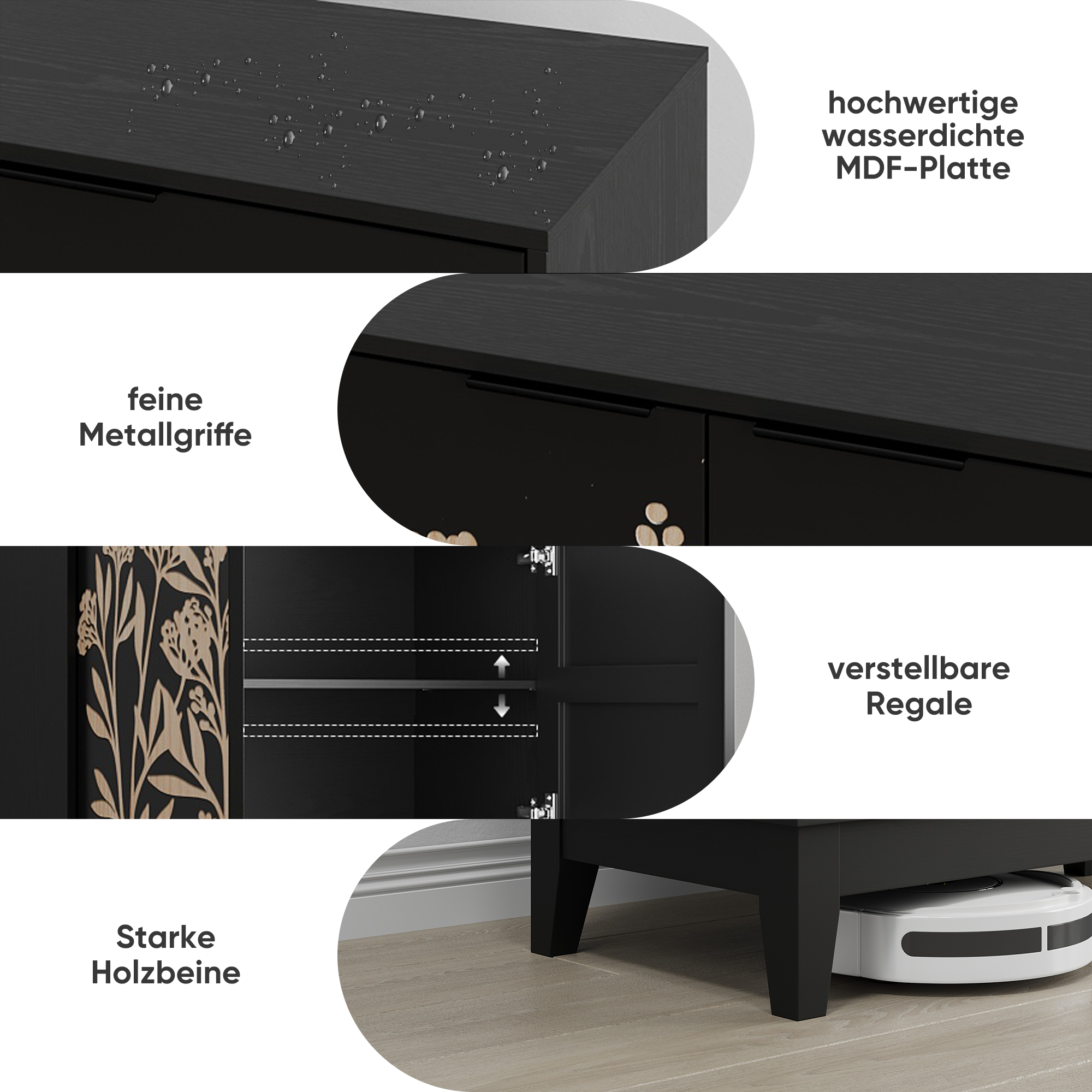 Logidon 80 cm Buffetschrank Schwarz Mit Schnitzwerk Und Verstellbaren Regalen