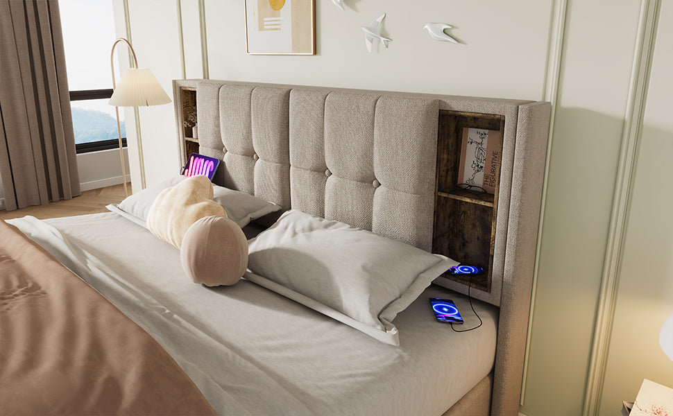 Logidon tweepersoonsbed 140x200 draadloos opladen USB C opbergruimte linnengoed