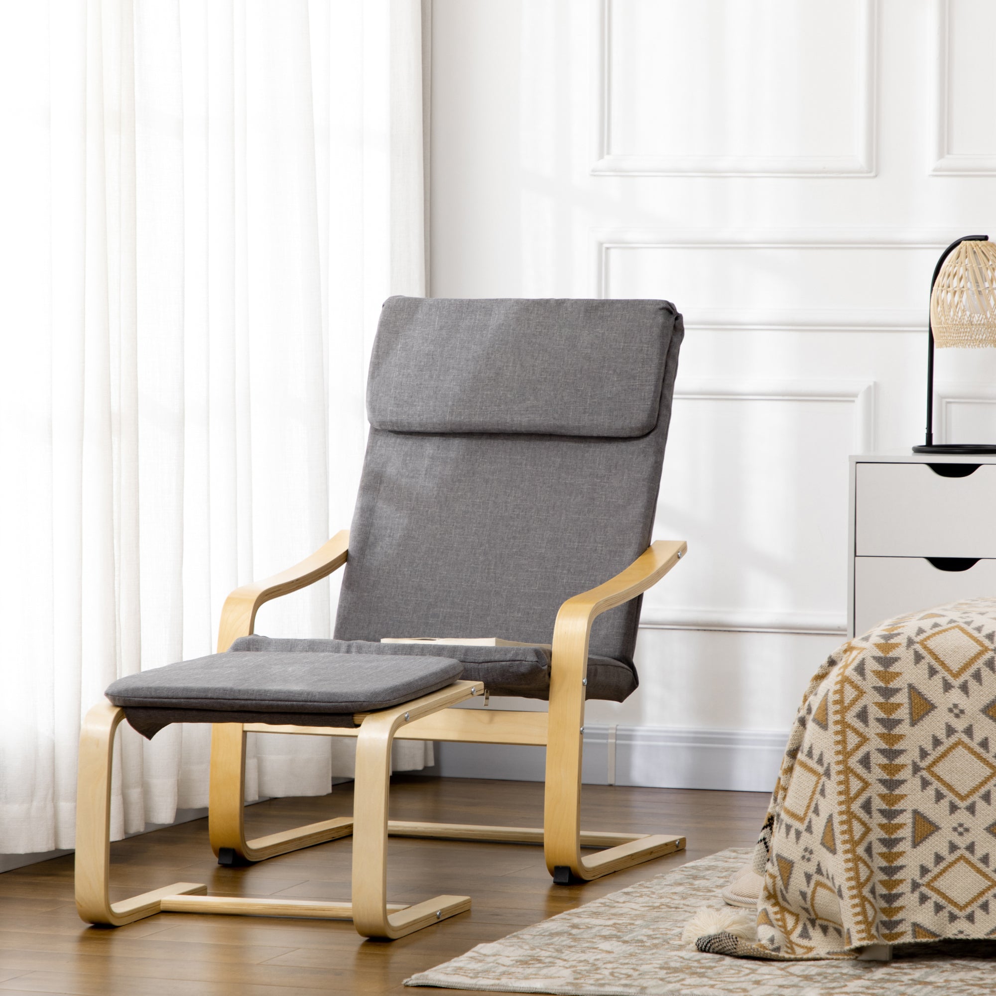 Logidon Relaxfauteuil Wing Chair Grijs met Voetenbank Linnenlook Stof