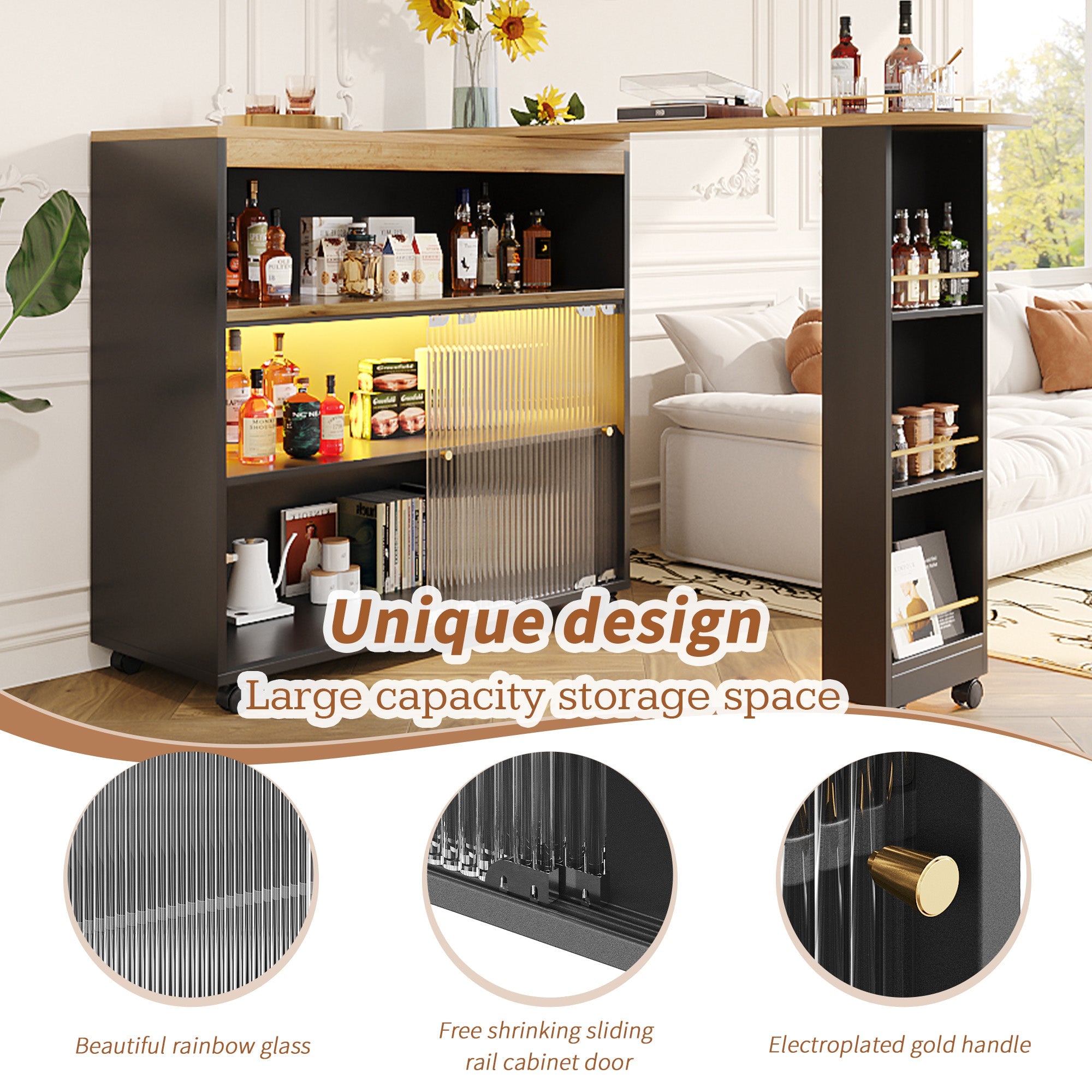 Logidon Uitschuifbare bartafel met opbergruimte en LED 138 tot 204 cm