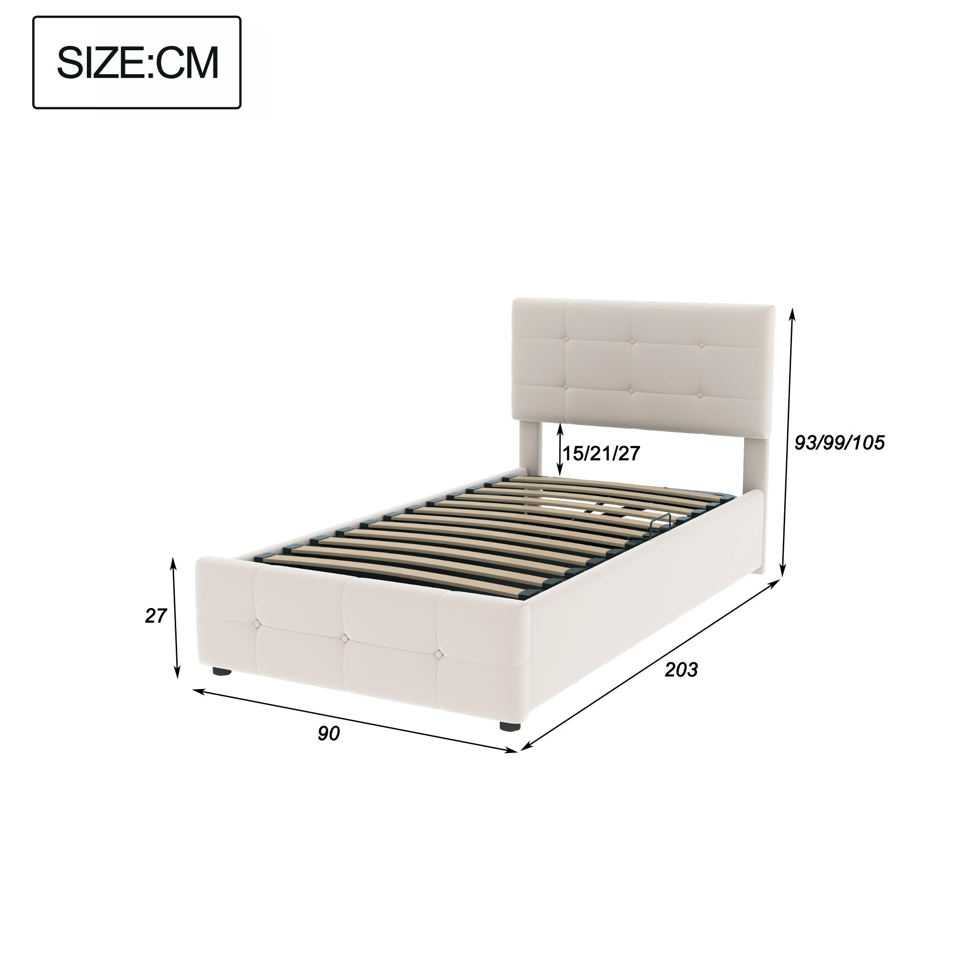 Logidon gestoffeerd bed 90x200cm beige fluwelen stof hydraulische opbergruimte