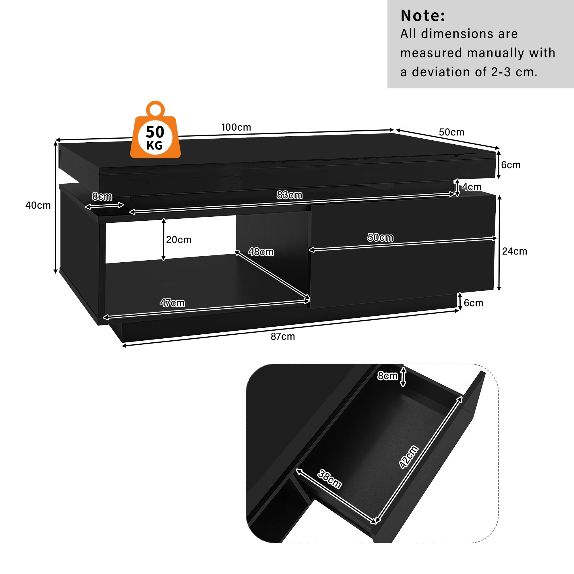 Logidon hoogglans salontafel zwart met LED verlichting 100x50x40 cm
