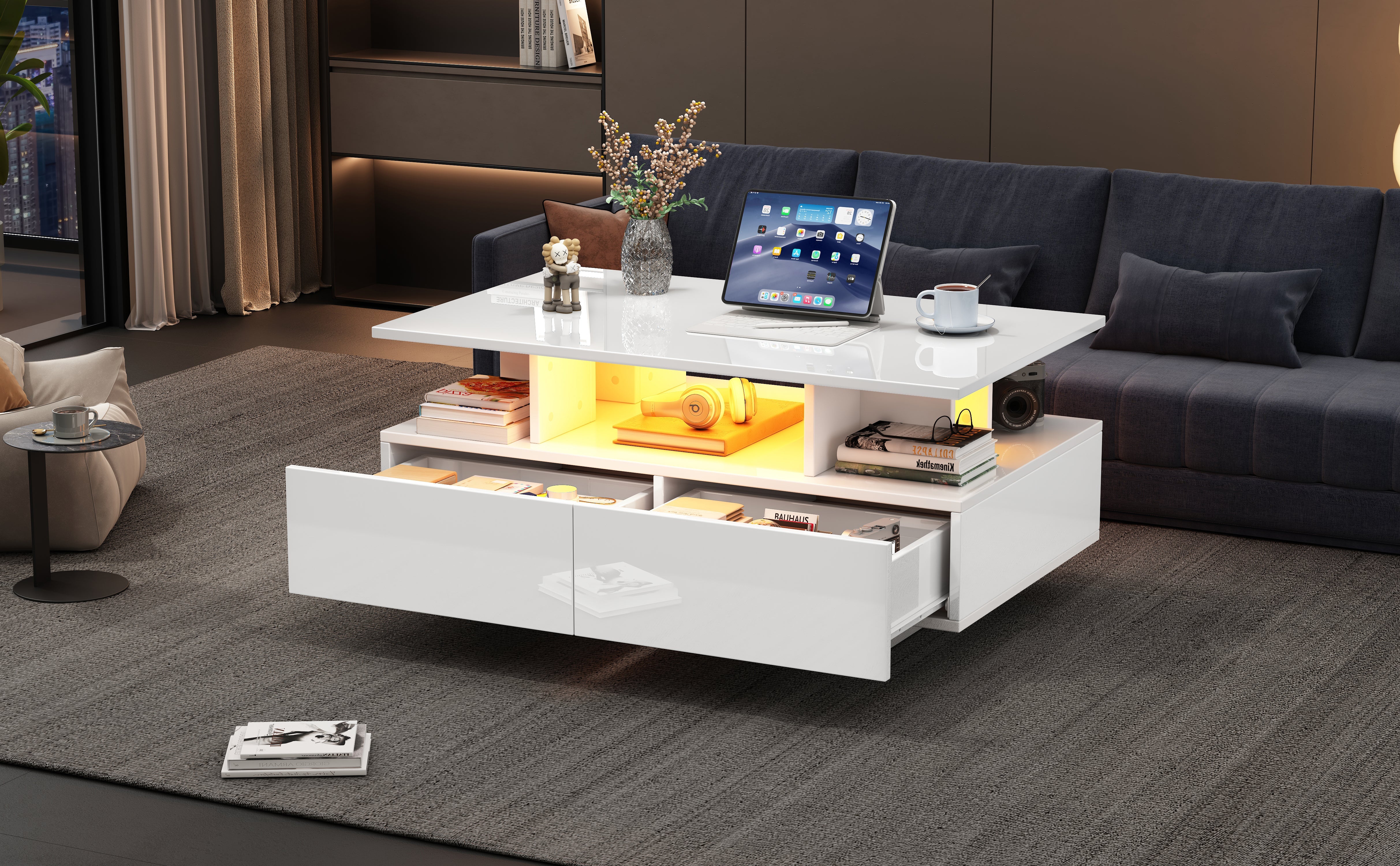 Logidon hoogglans salontafel LED, 2 lades, 90x55x41 cm wit