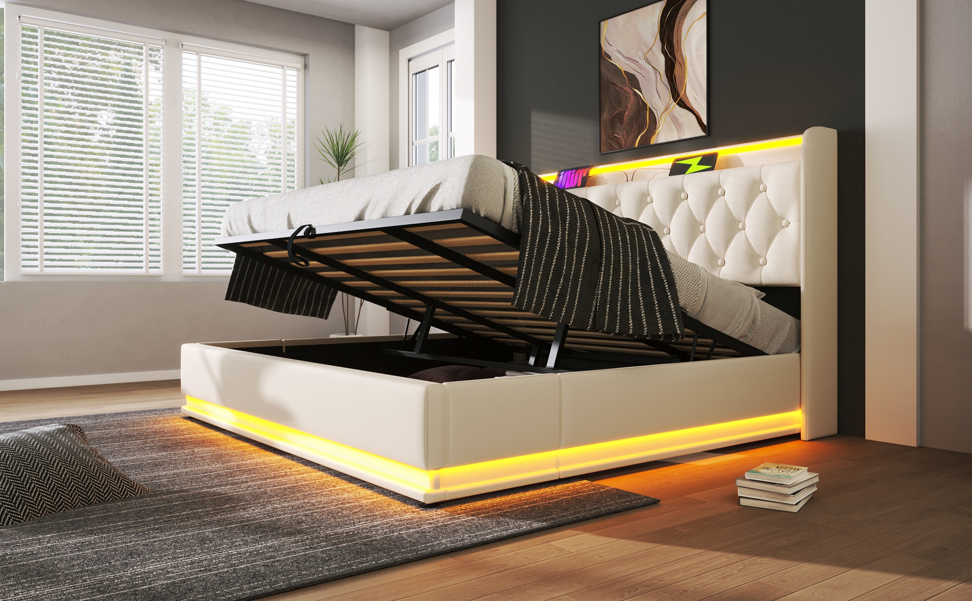 Logidon gestoffeerd bed tweepersoonsbed 180x200 cm wit PU, 360 surround LED