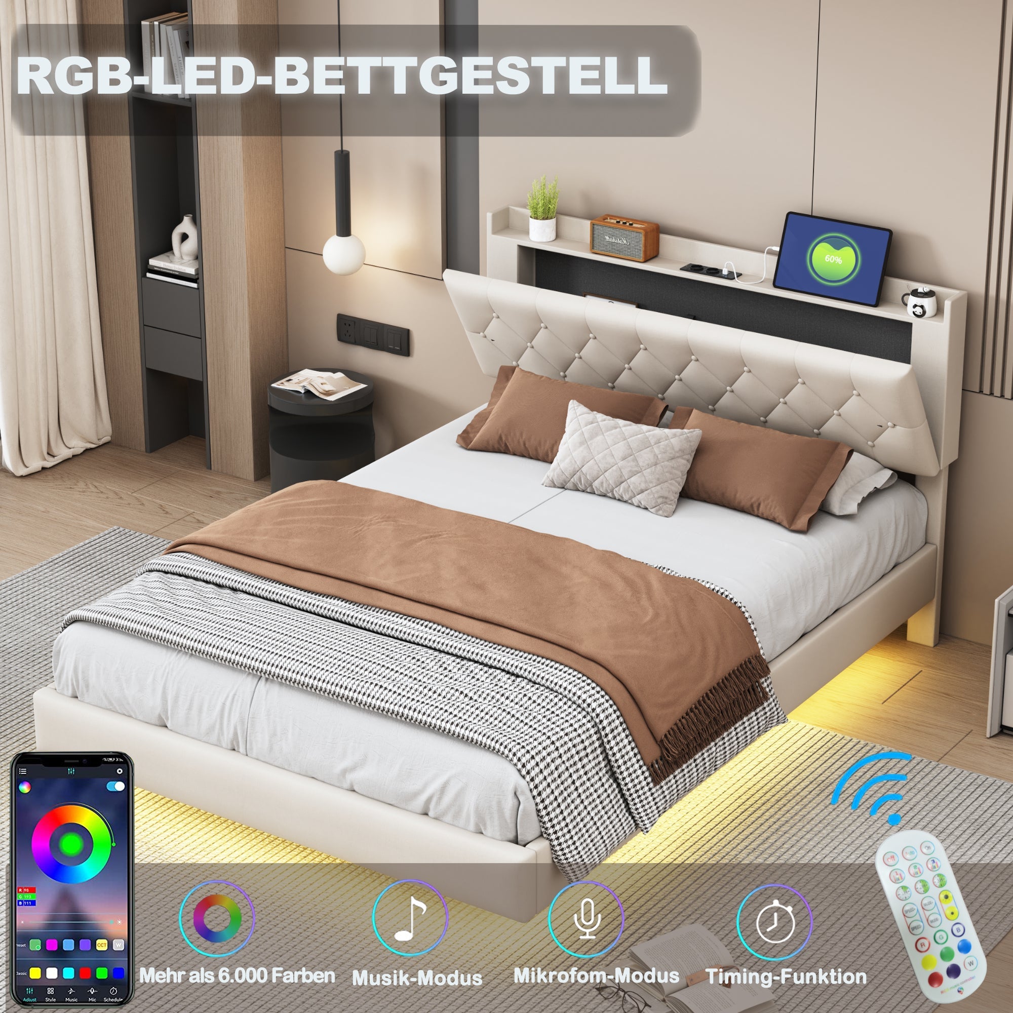 Logidon gestoffeerd bed 140x200 cm beige USB-oplaadpoort LED-lichtstrip
