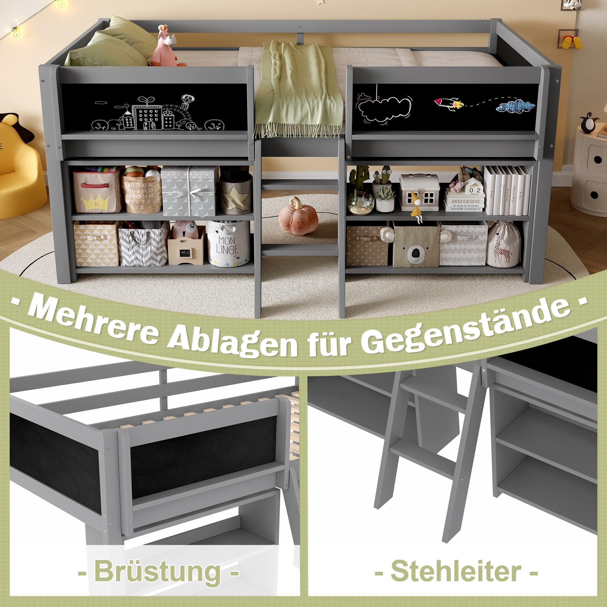 Logidon halfhoogslaper 90x200 cm met opbergruimte en ladder grijs