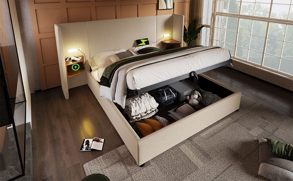 Logidon upholstered bed 160x200 double bed beige linen with storage space