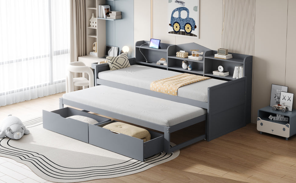 Logidon slaapbank 90x200 grijs met uitschuifbaar bed 90x190 USB