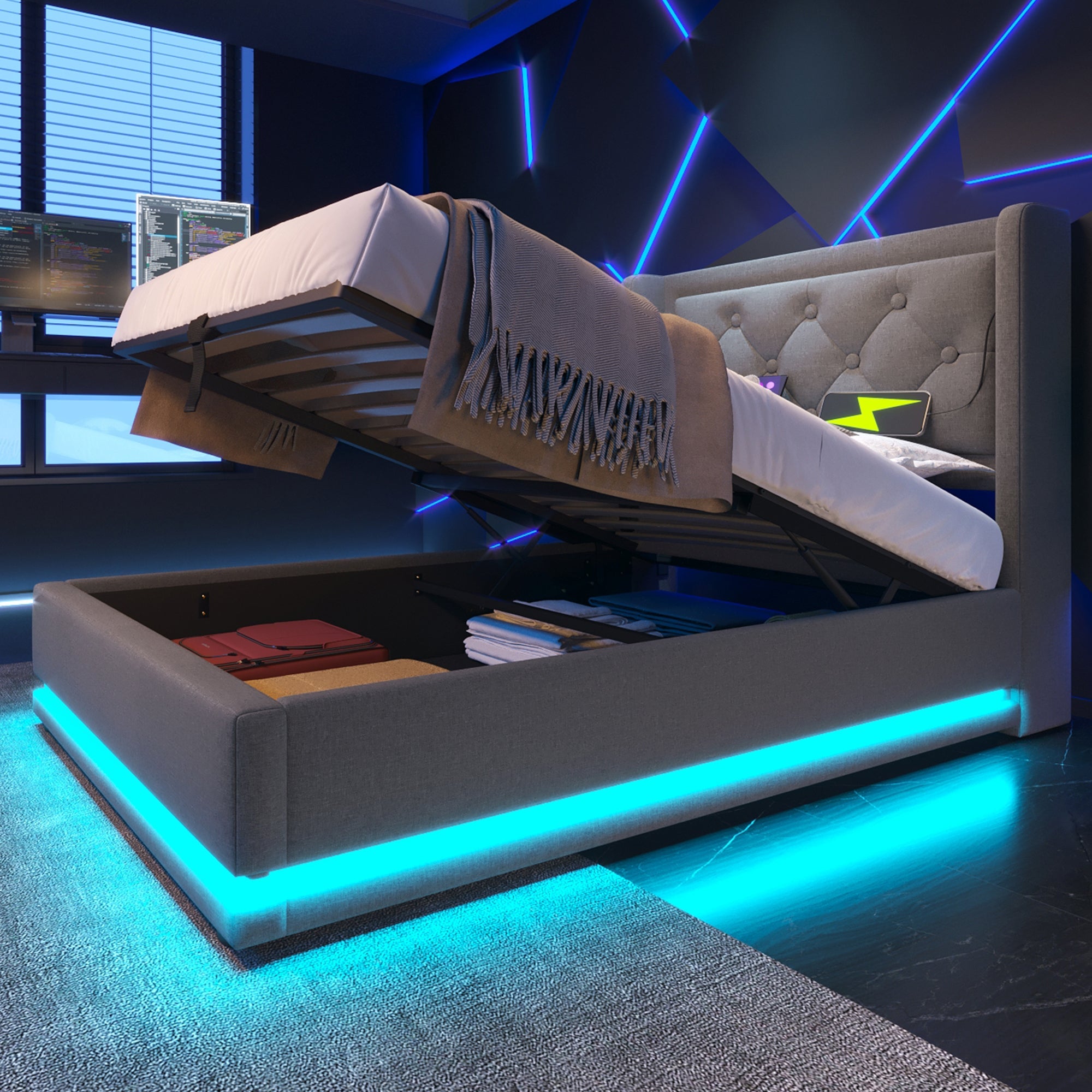 Logidon gestoffeerd bed 90x200 cm grijs met opbergruimte USB C oplaadfunctie LED