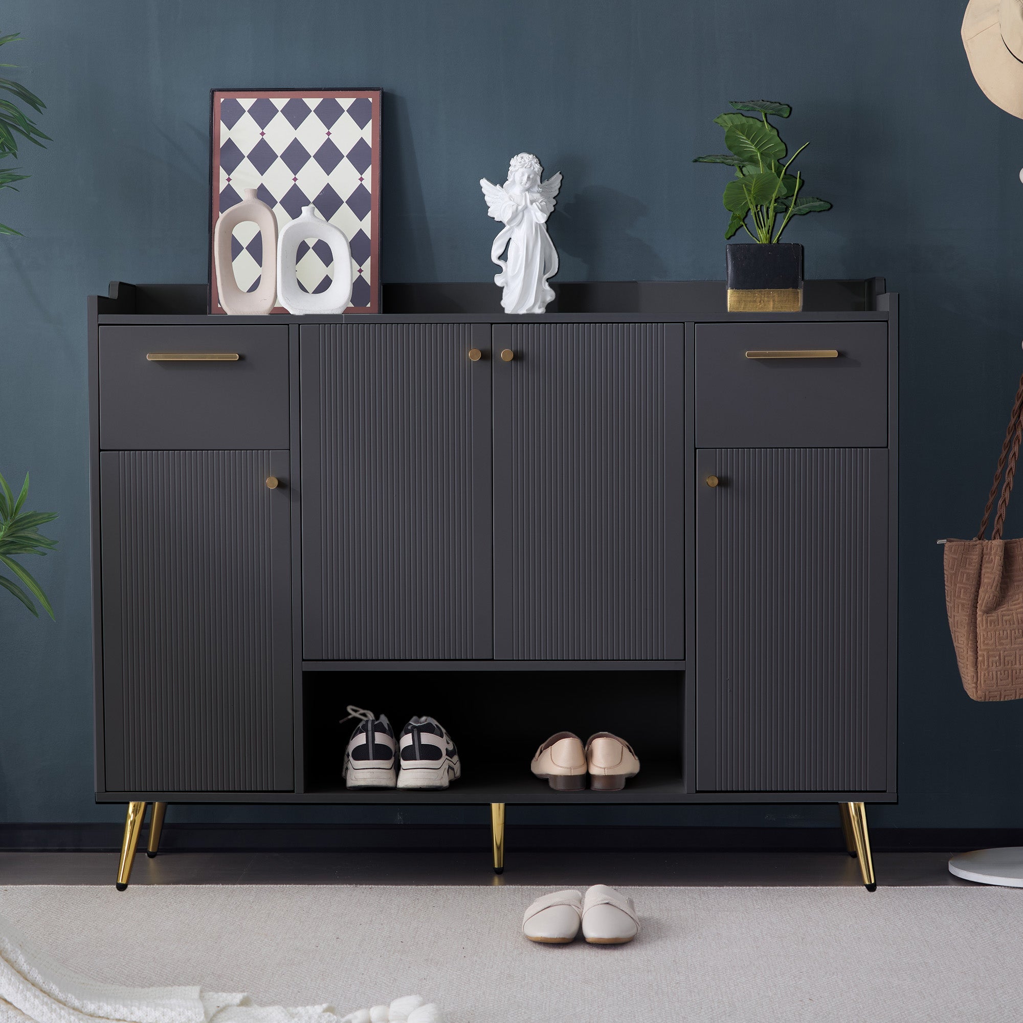 Logidon shoe cabinet black with 2 drawers and 4 doors metal feet