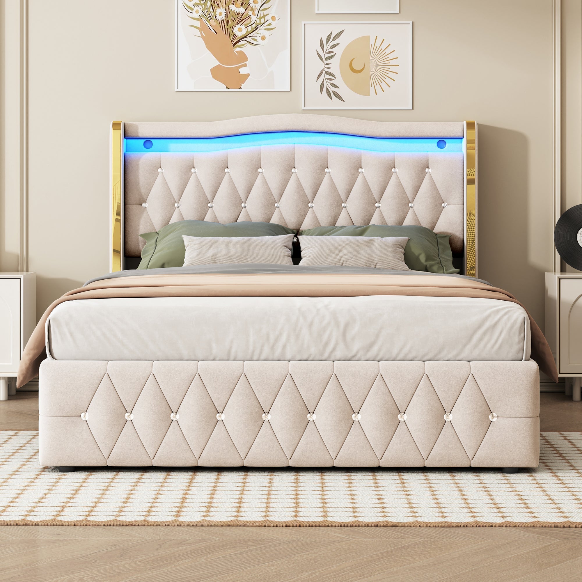 Logidon gestoffeerd bed 140x200 beige fluweel LED-verlichting hydraulisch