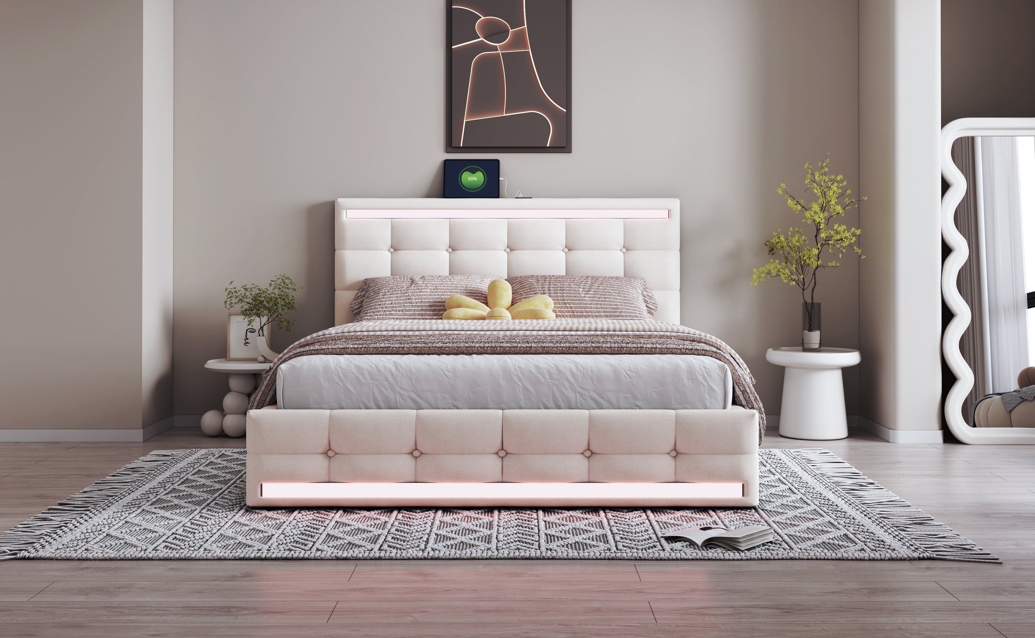 Logidon gestoffeerd bed 140x200 beige met LED verlichting en opbergruimte