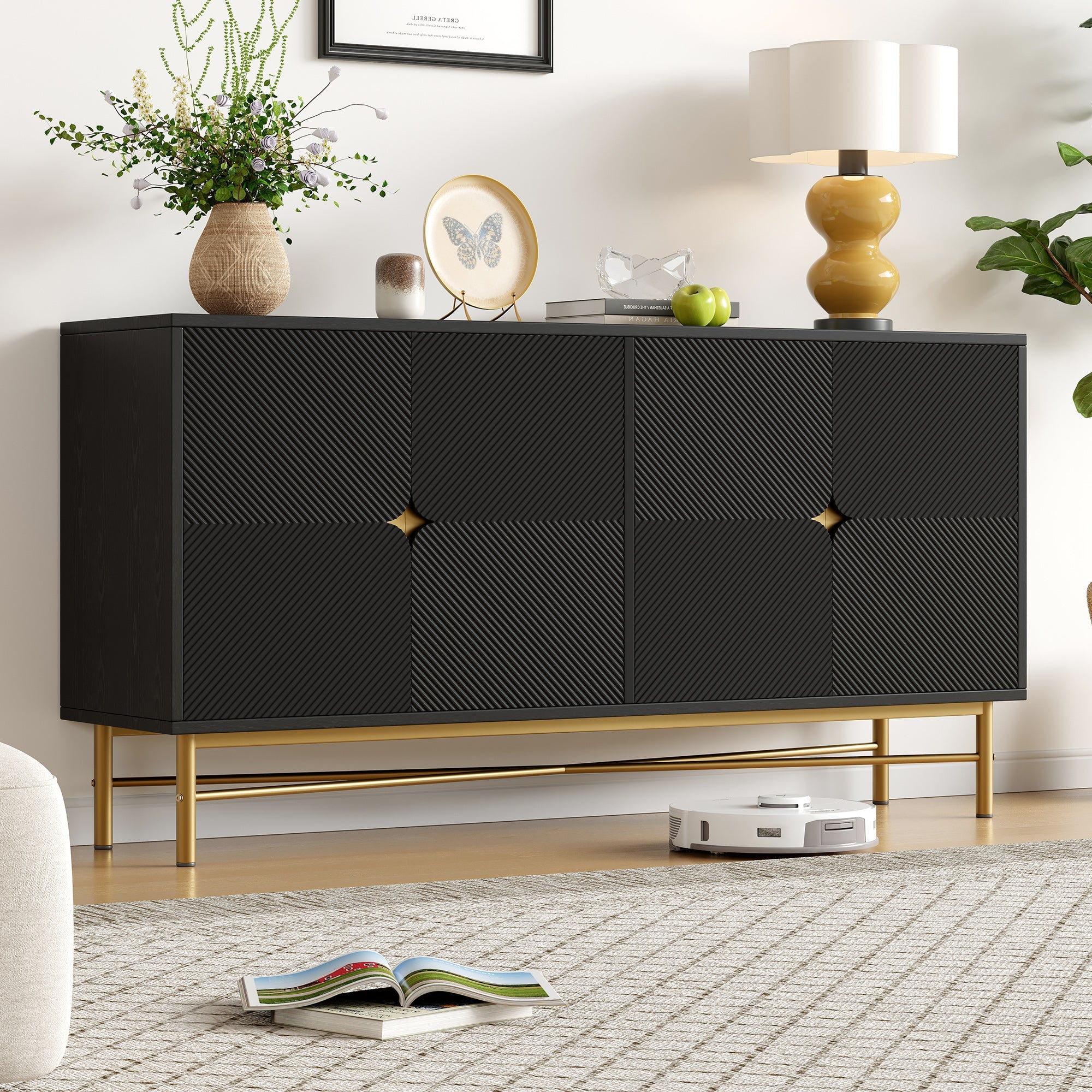 Logidon dressoir luxe structuur 160×40×82 cm zwarte hoogglans poten
