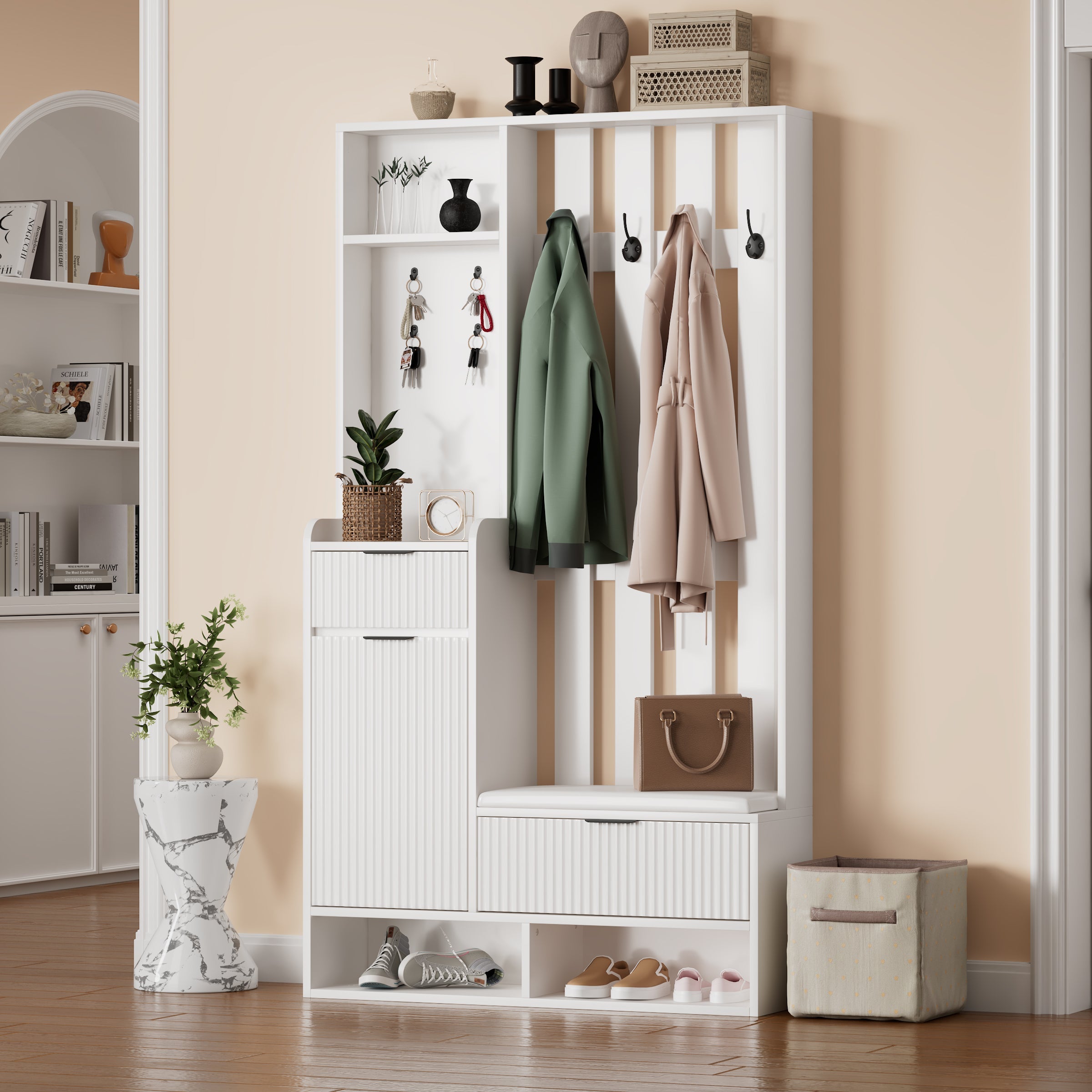Logidon Kledingkast 6in1 Wit 100x30x180 cm Schoenenbankopberger