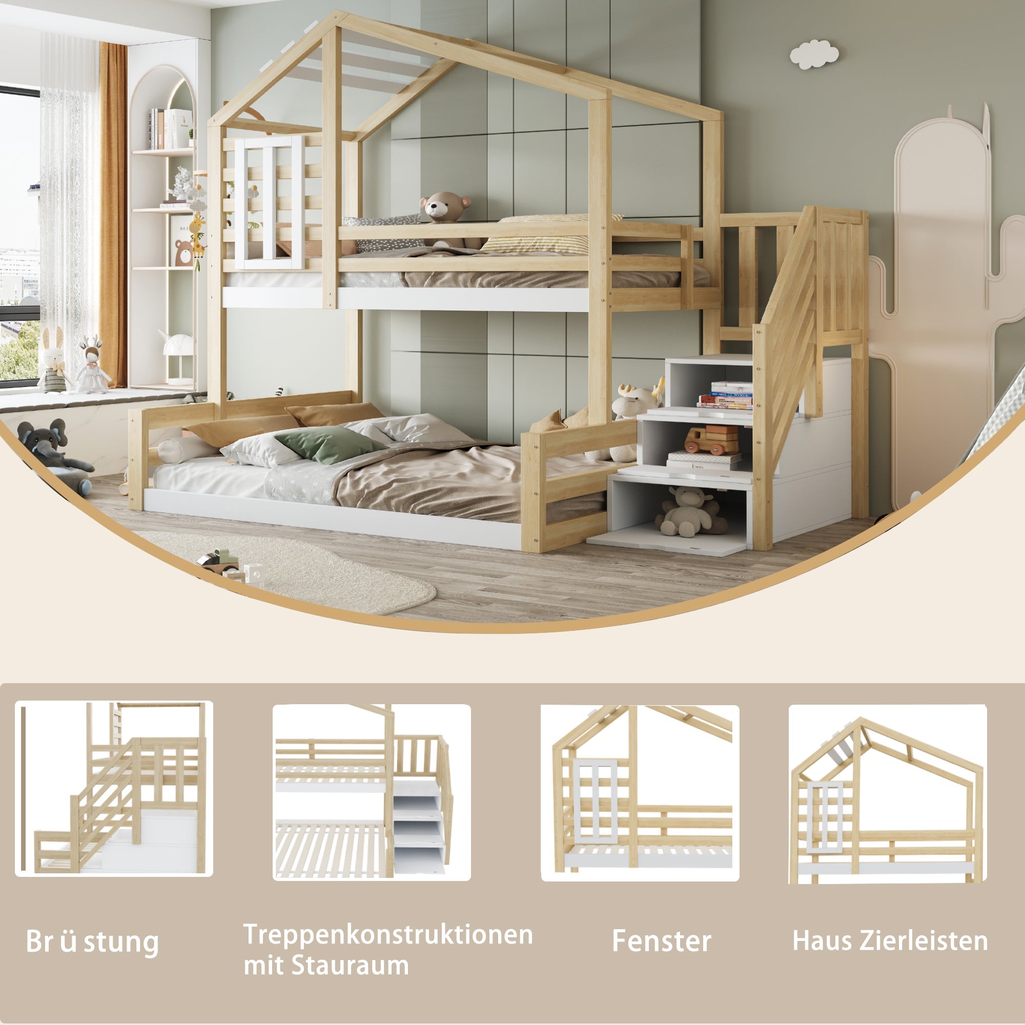 Logidon stapelbed 90x200 cm natuurlijk grenenhouten raamrailing
