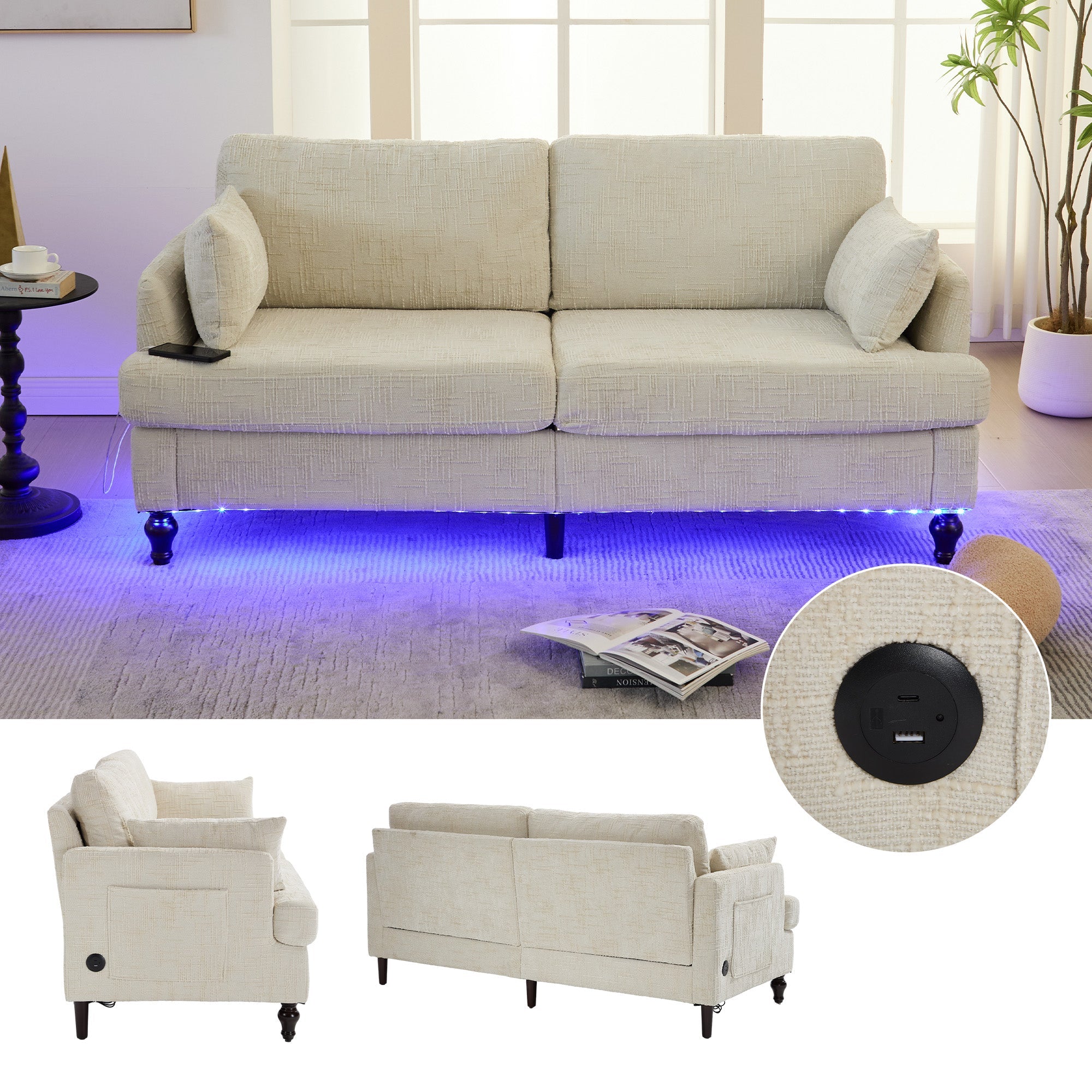 Logidon tweezitsbank van chenille, beige LED-USB-opbergruimte, houten poten