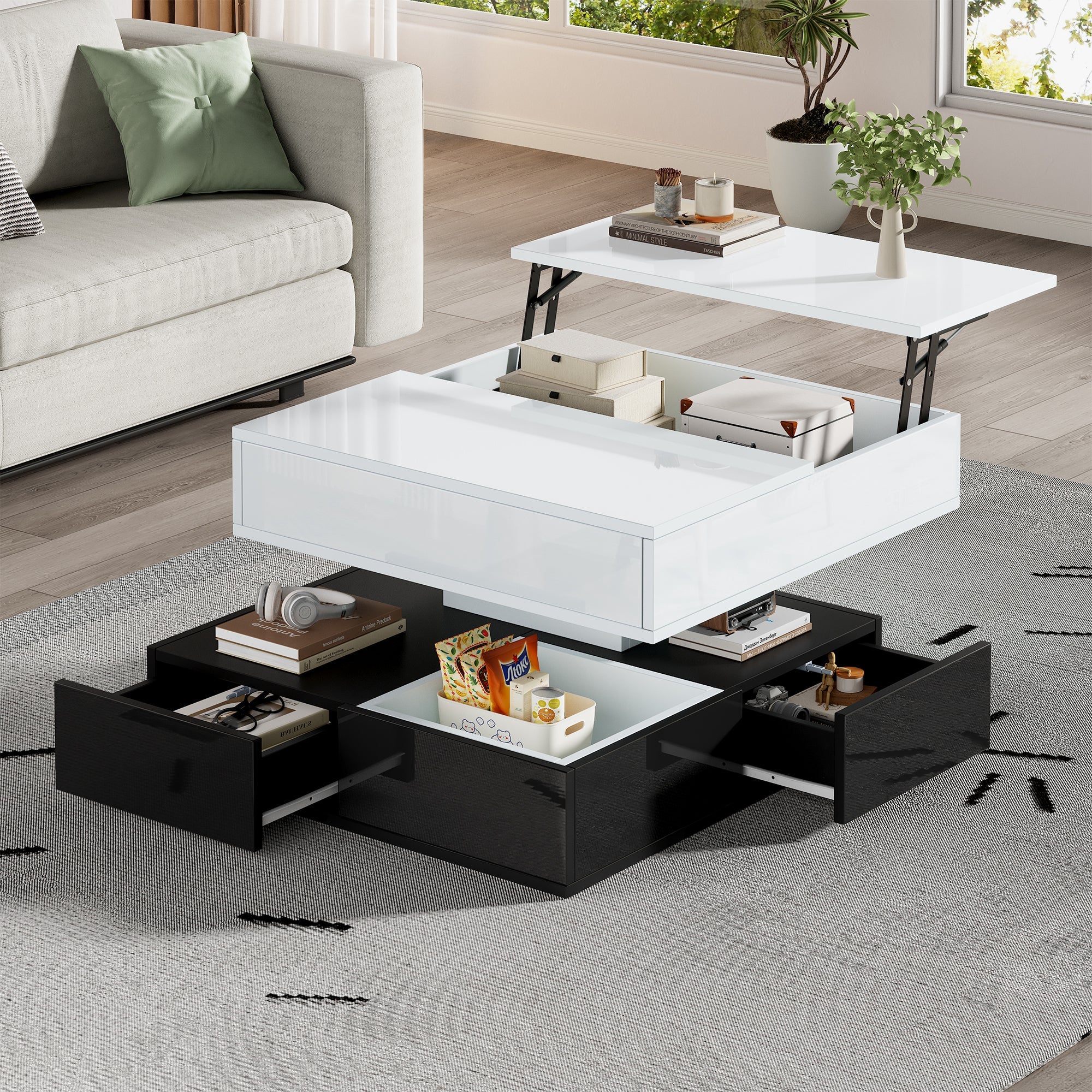 Logidon salontafel 70x70 hefblad 360 graden draaibaar 3 lades wit