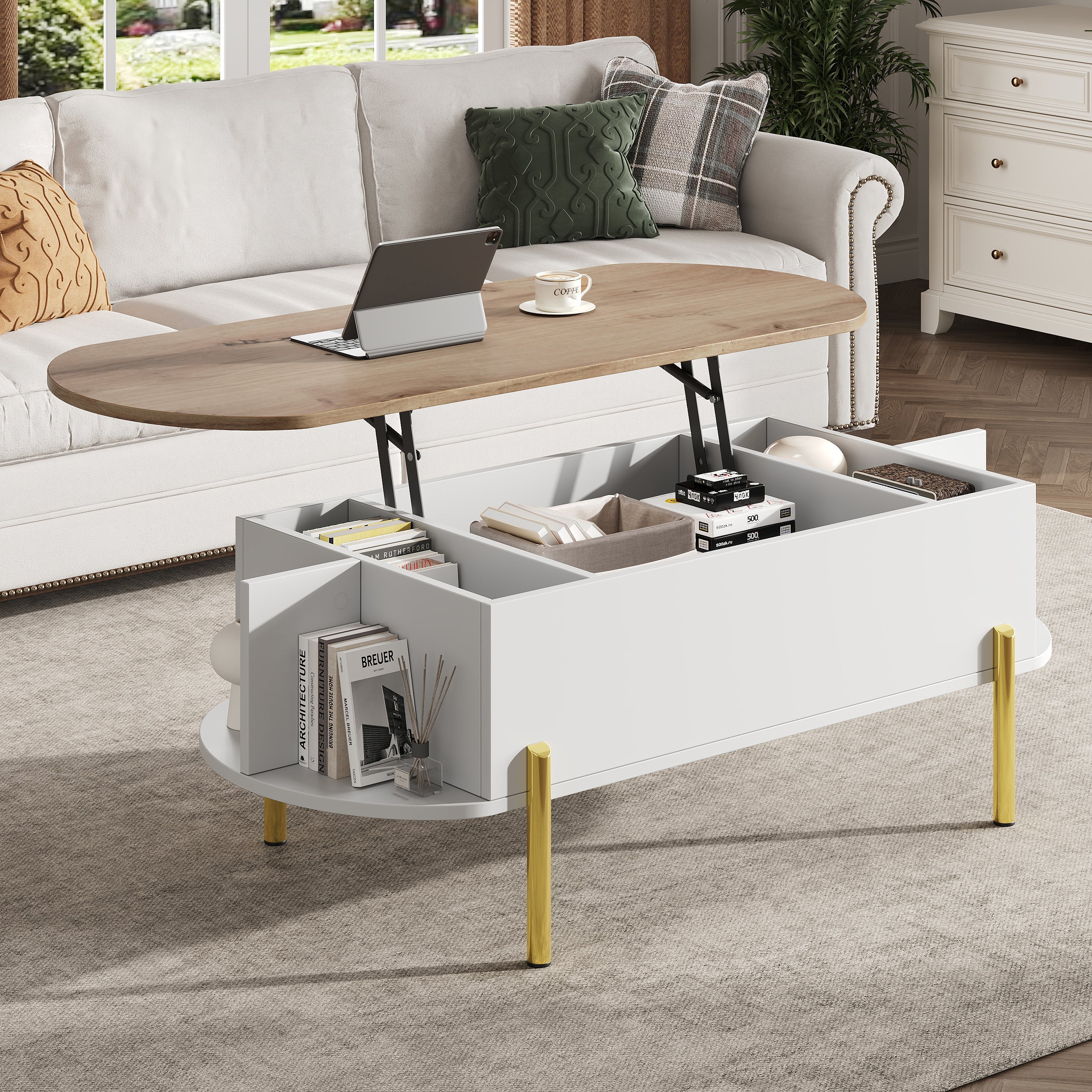Logidon Verstelbare Salontafel 120x50x43 cm Met Opbergruimte Wit Hout