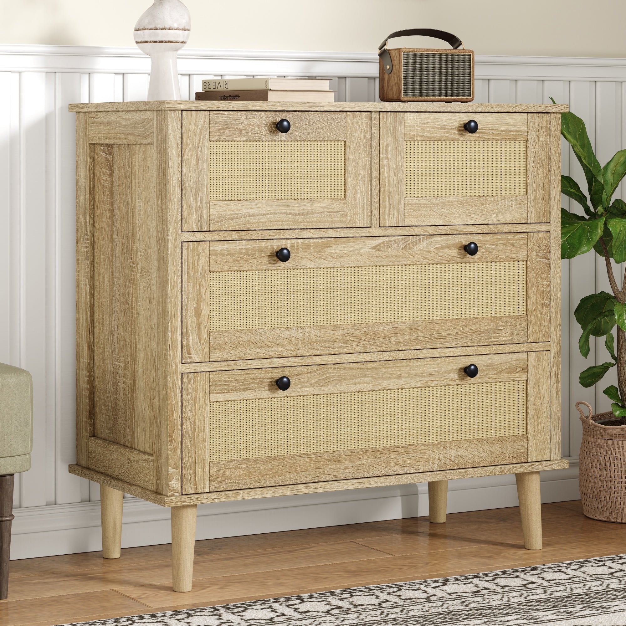 Logidon ladekast met 4 lades en rotan front naturel 80x40x80 cm