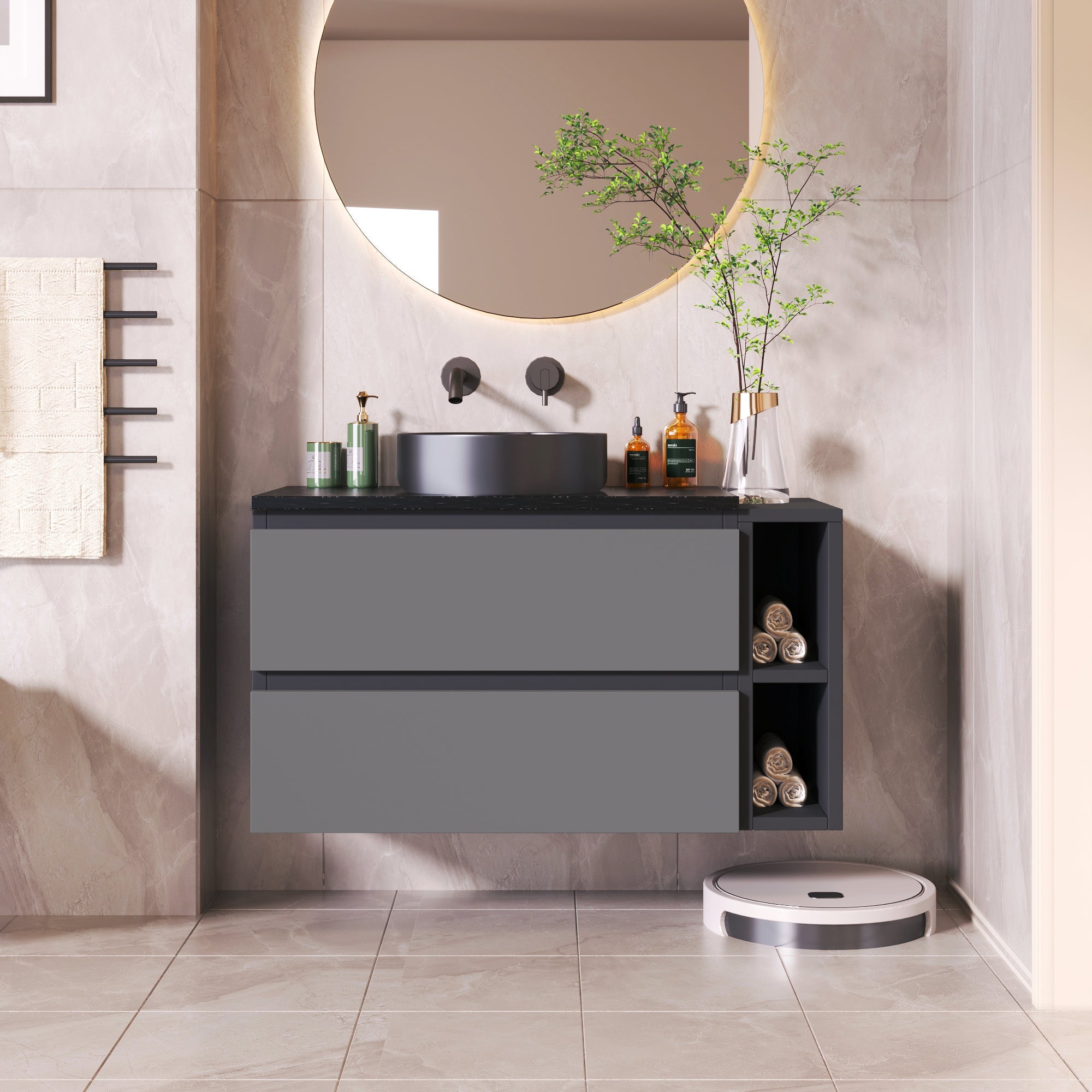 Logidon sink base cabinet hanging 80 cm black gray drawers