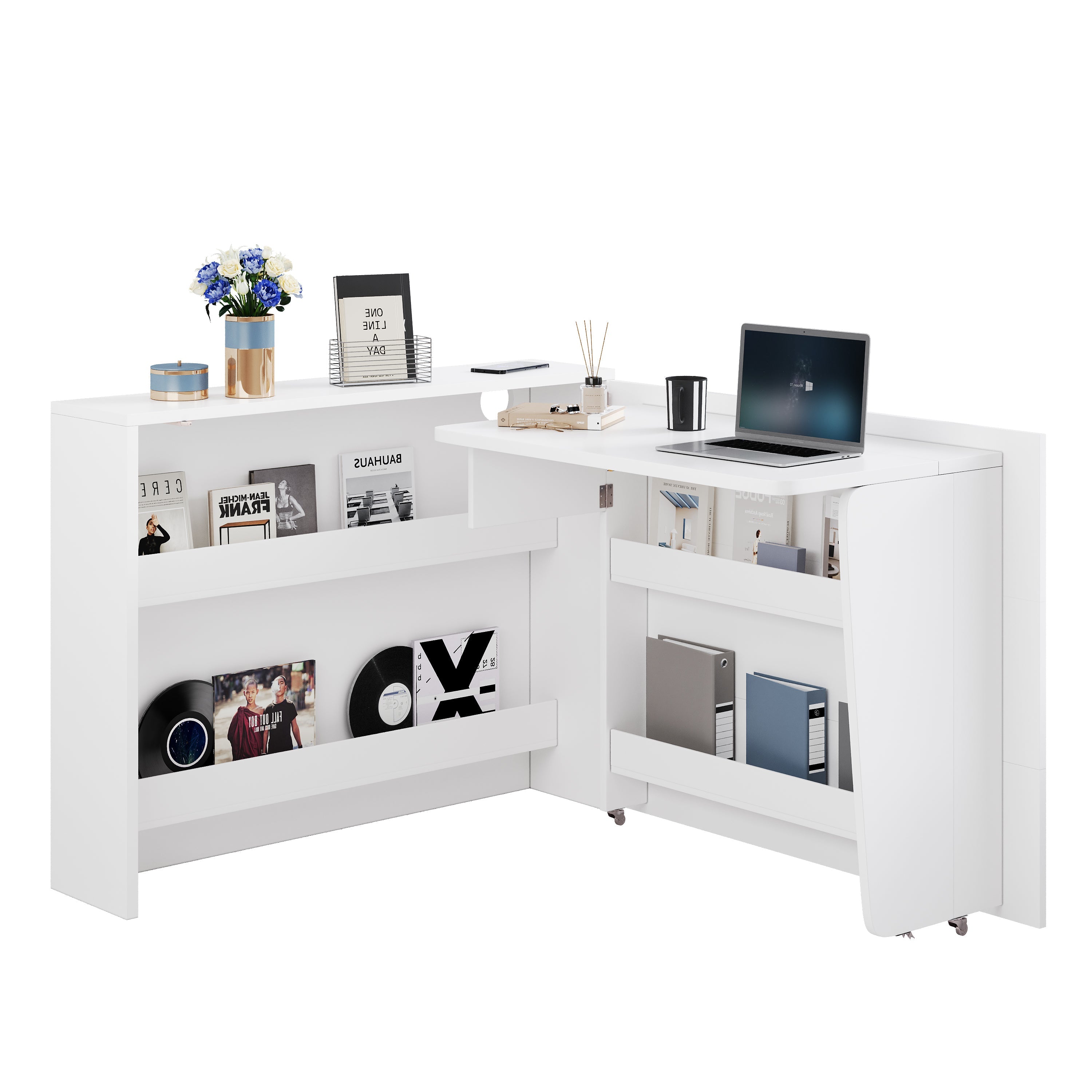 Logidon Foldable Desk with Wheels and Wireless Charger White