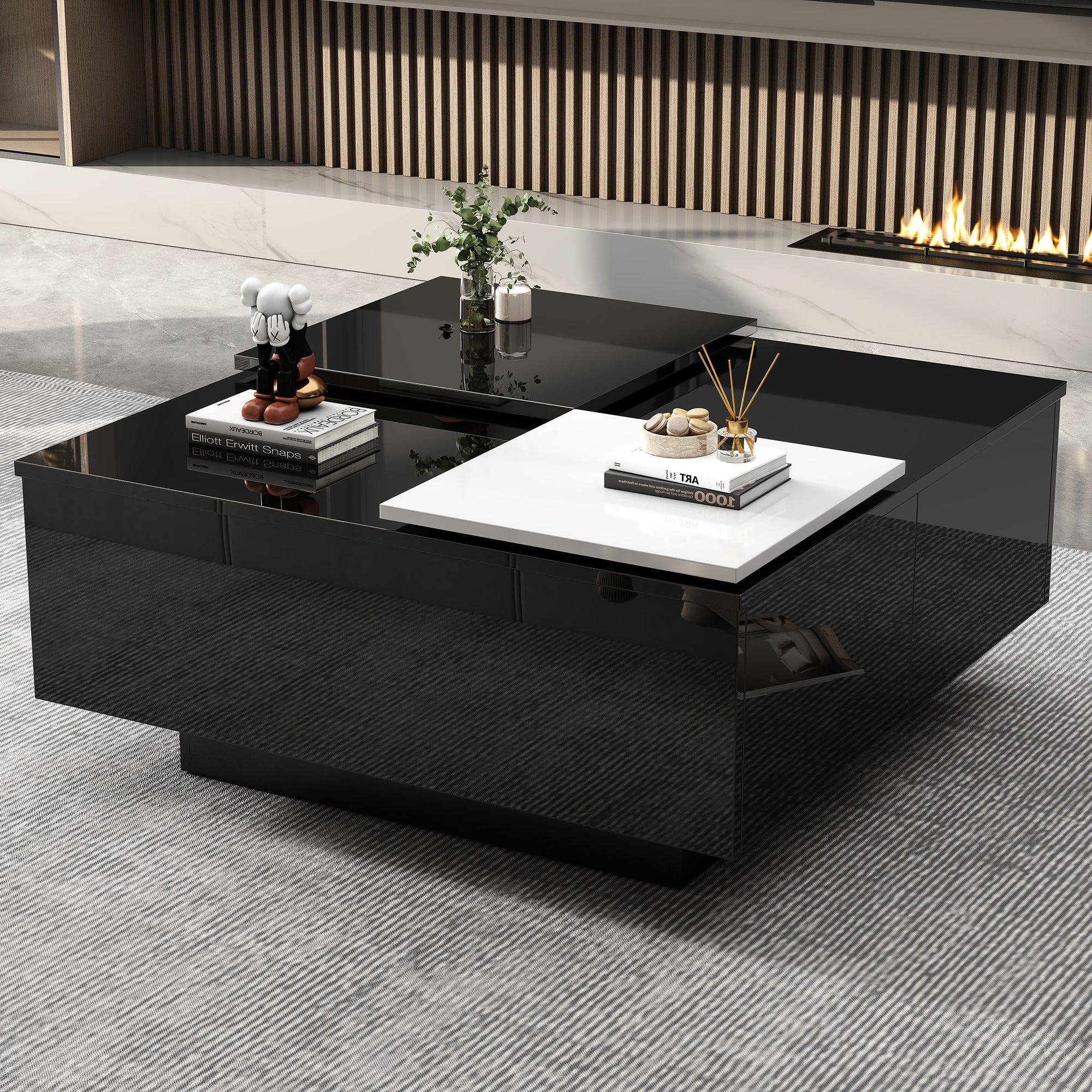 Logidon Hoogglans Salontafel Zwart Wit 75x75 Cm Met 4 Laden