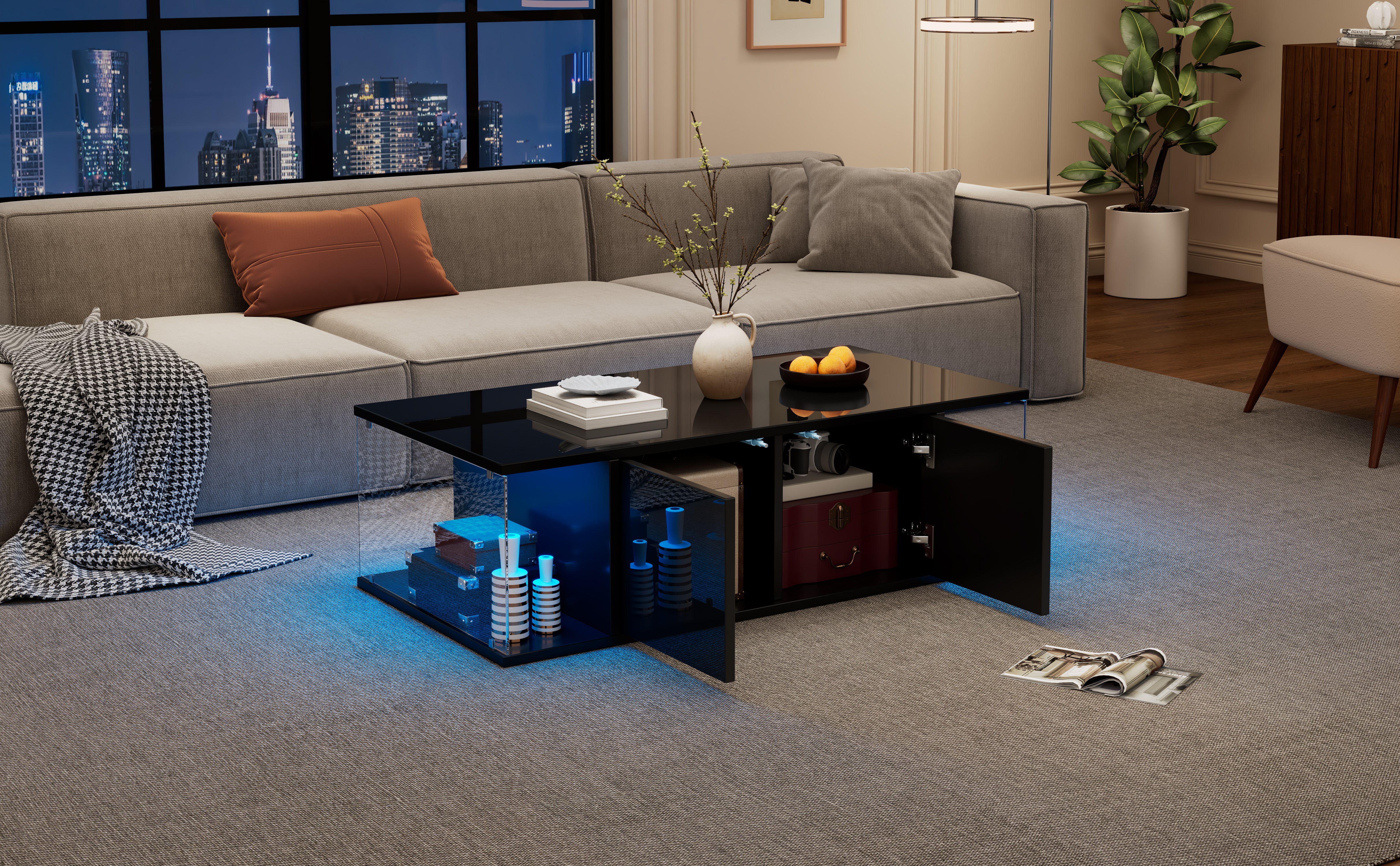 Logidon salontafel 100x50x30 cm zwart hoogglans LED 2 kasten