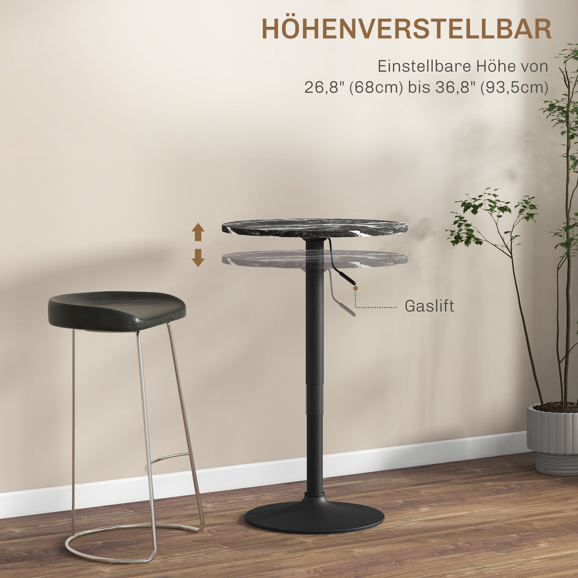 Logidon Ronde Bartafel Marmerlook Zwart Verstelbaar 60 cm 68-93,5 cm