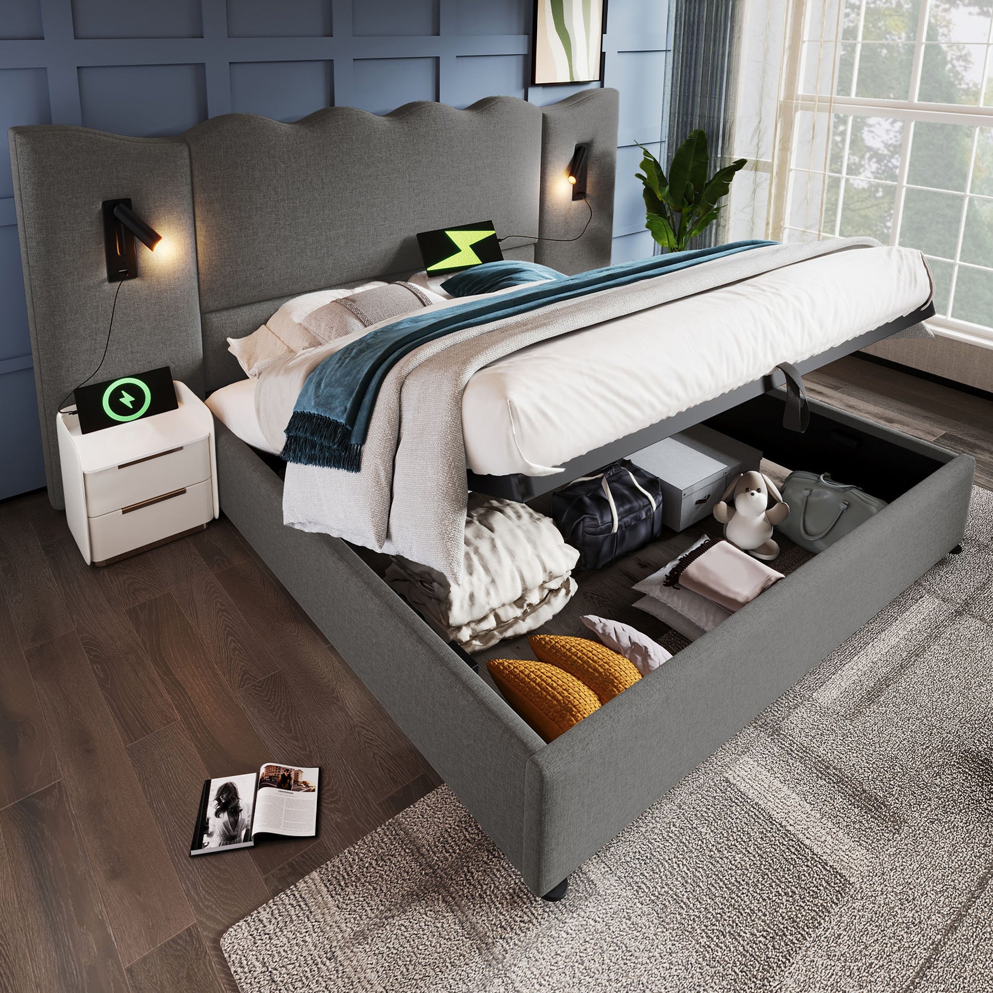 Logidon boxspringbed 160x200 grijs met opbergruimte USB C leeslamp