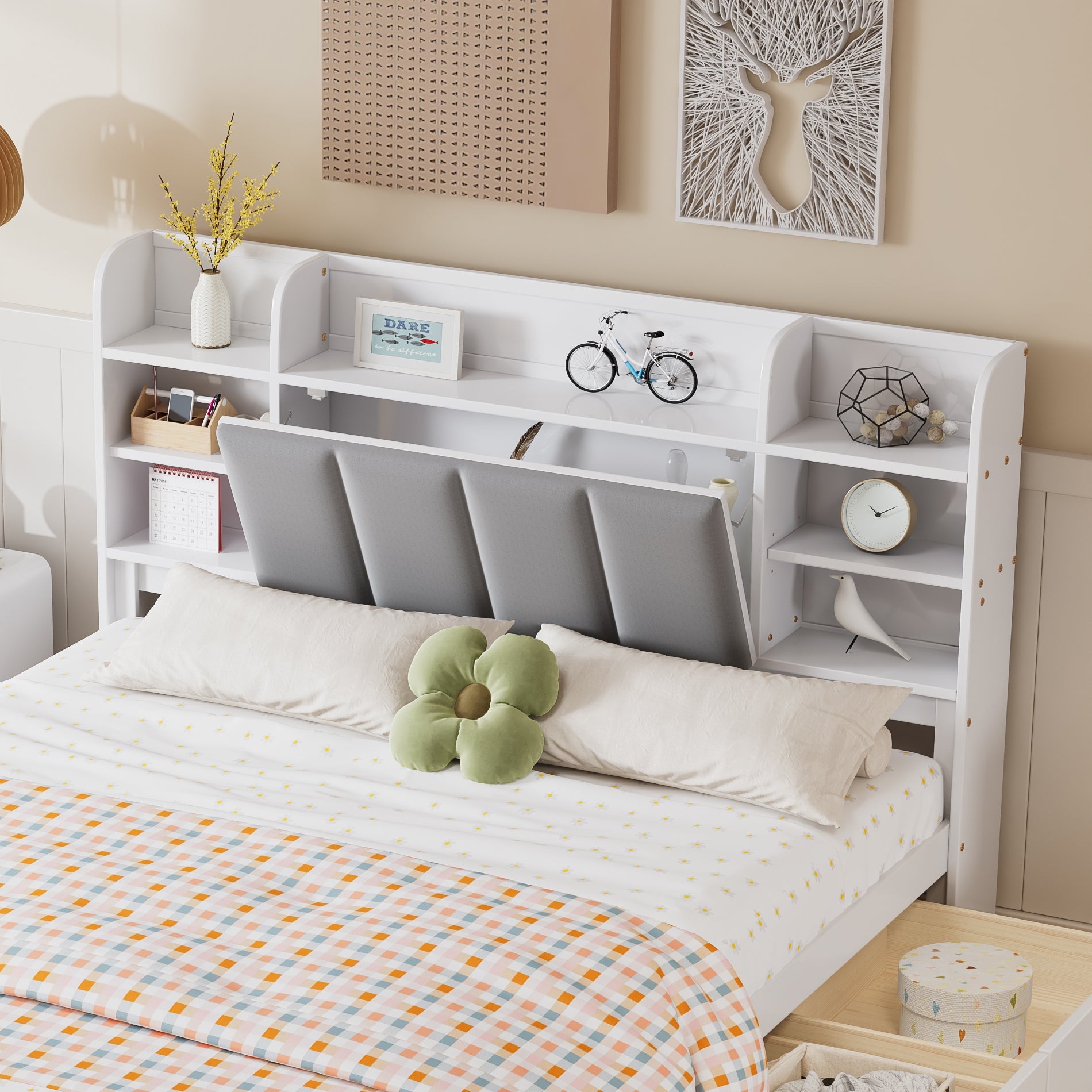 Logidon tweepersoonsbed 160x200 witgrijs, open plank en drie lades