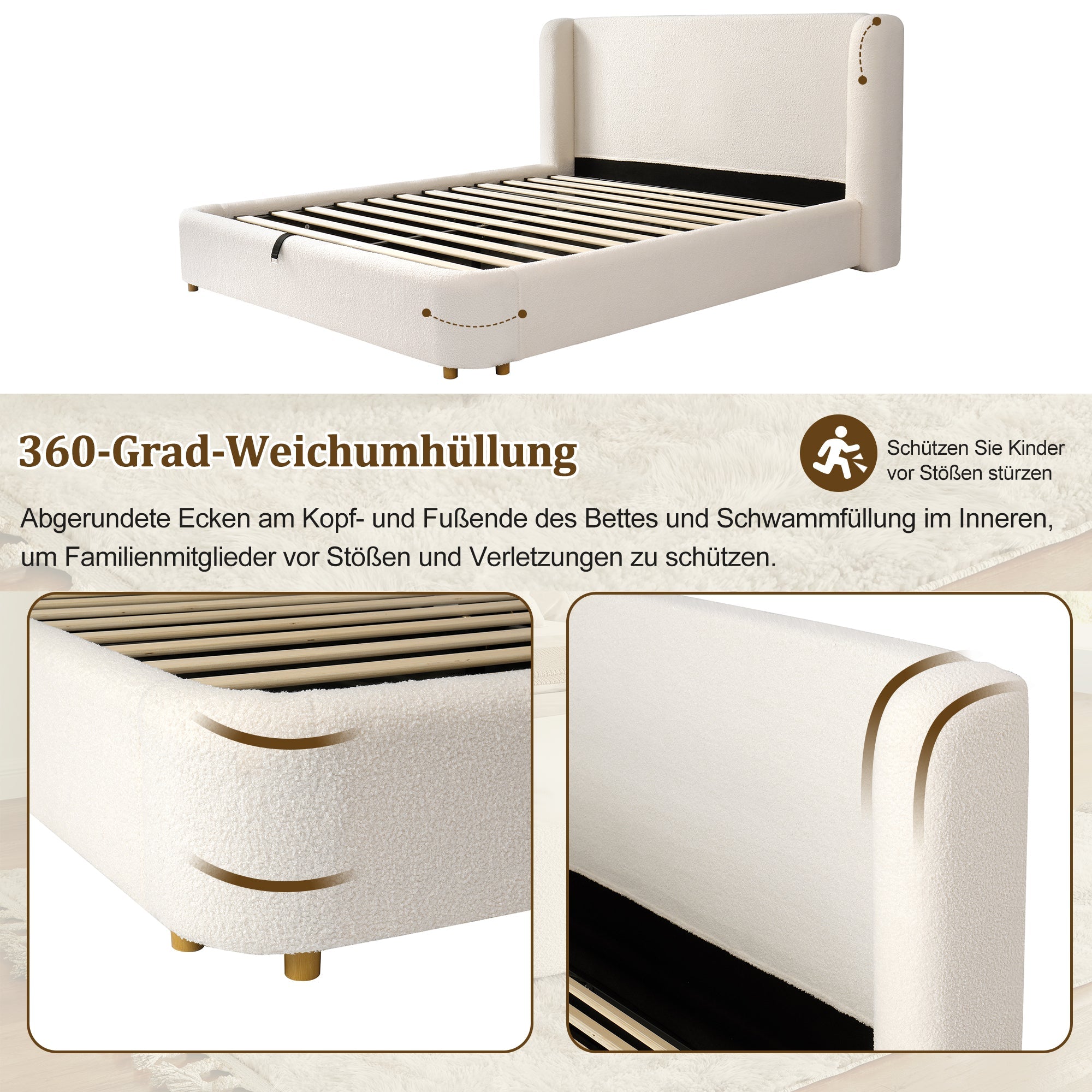 Logidon gestoffeerd bed tweepersoonsbed 160x200 beige bouclé met opbergruimte