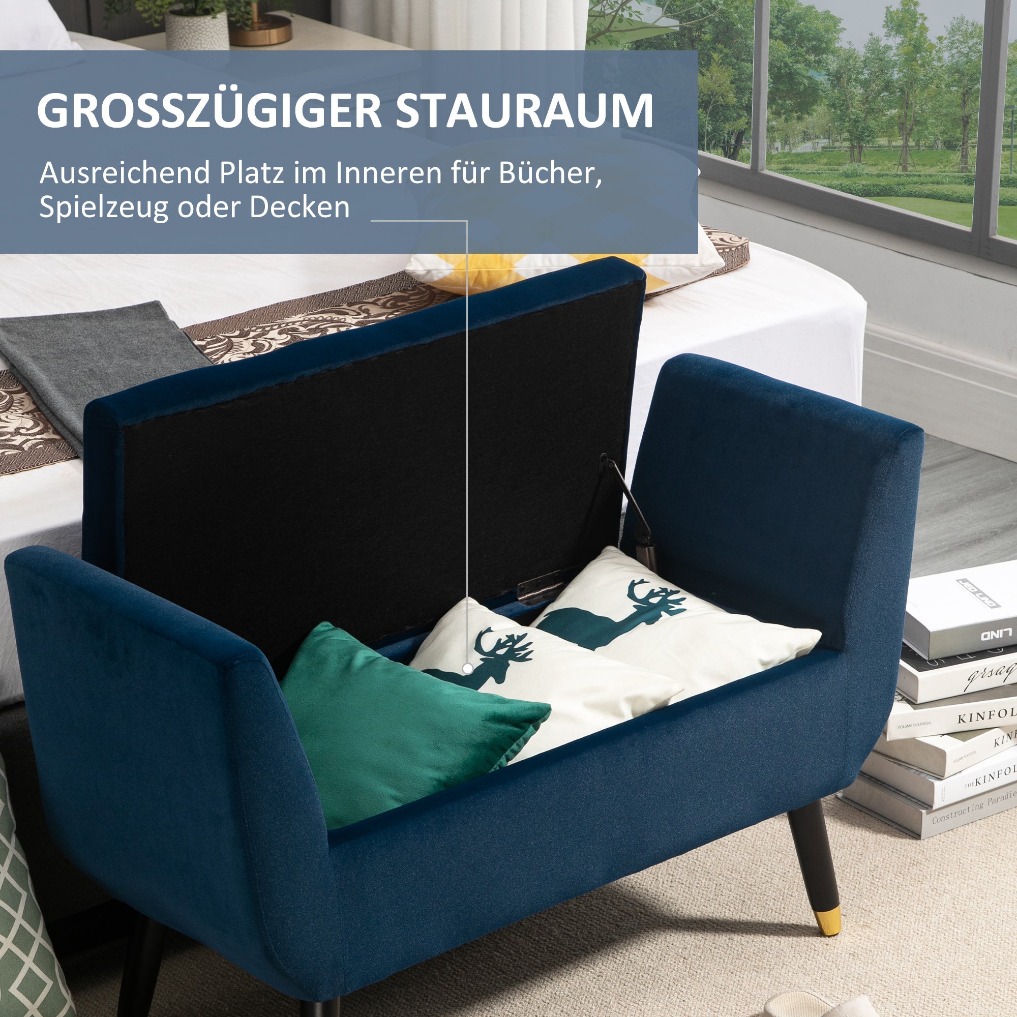 Logidon luxe bank met opbergruimte en armleuningen blauw 107x42x65 cm