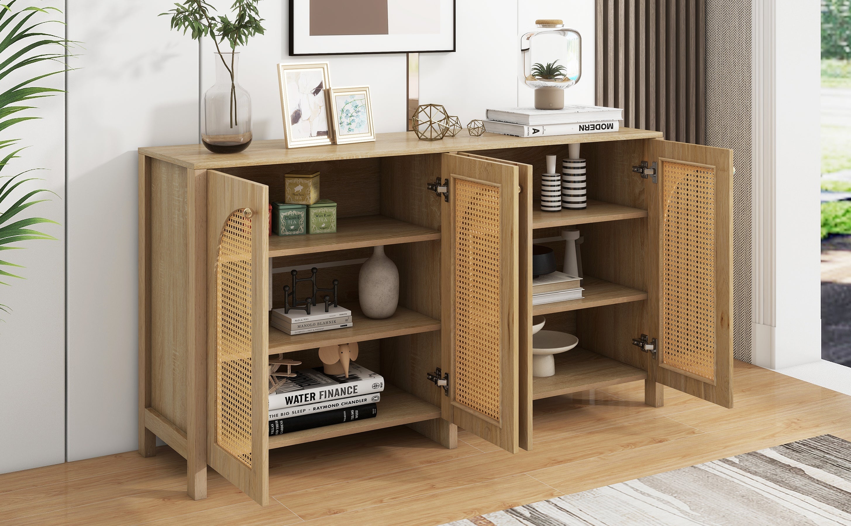 Logidon Dressoir 145x40x80 cm met vier rotan deuren natuurlijk hout