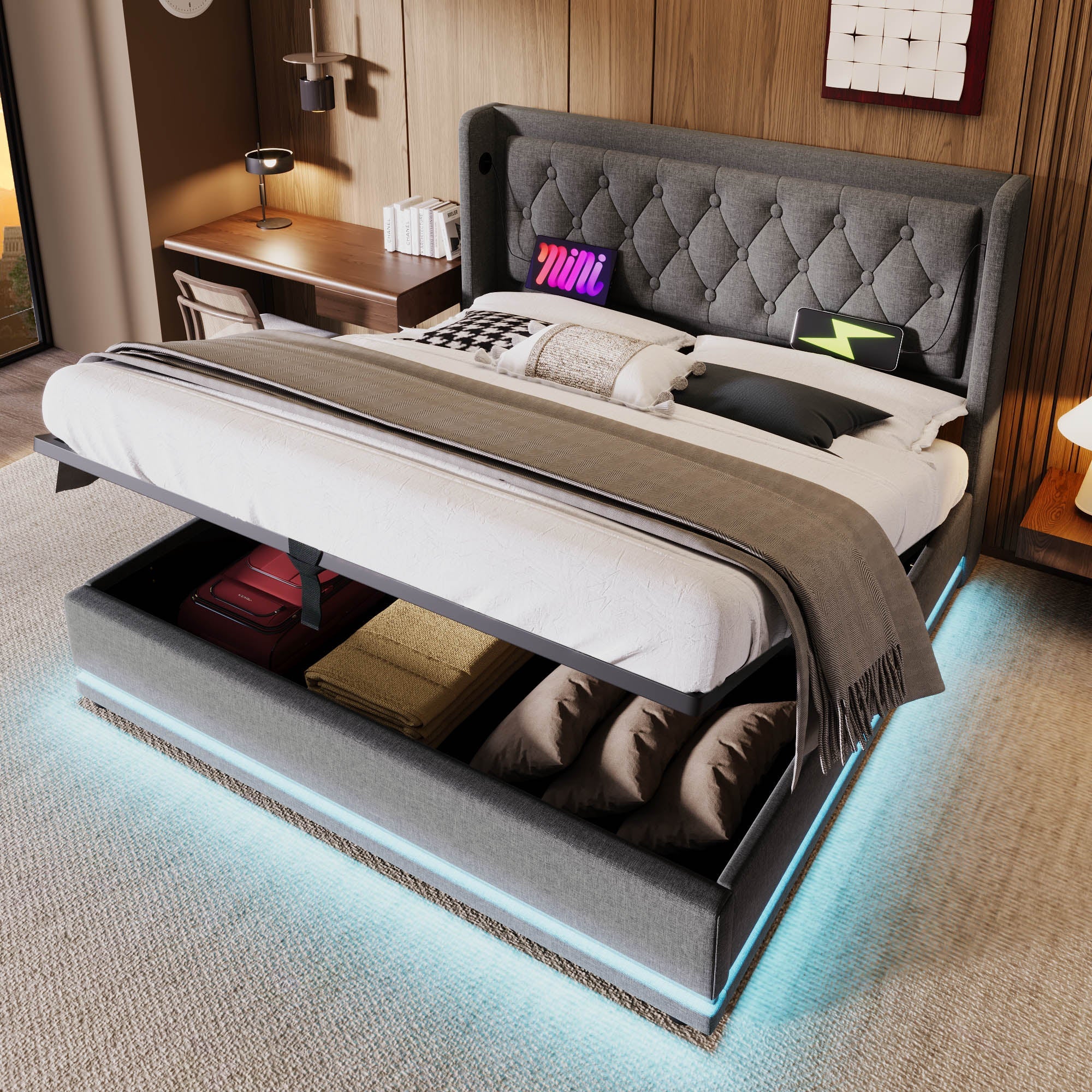 Logidon gestoffeerd bed 160x200 cm grijs fluweel opbergruimte USB-C oplaadfunctie