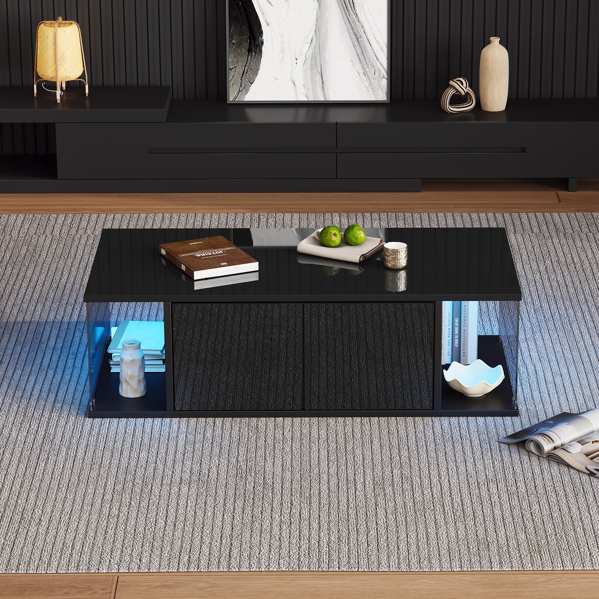 Logidon salontafel 100x50x30 cm zwart hoogglans LED 2 kasten