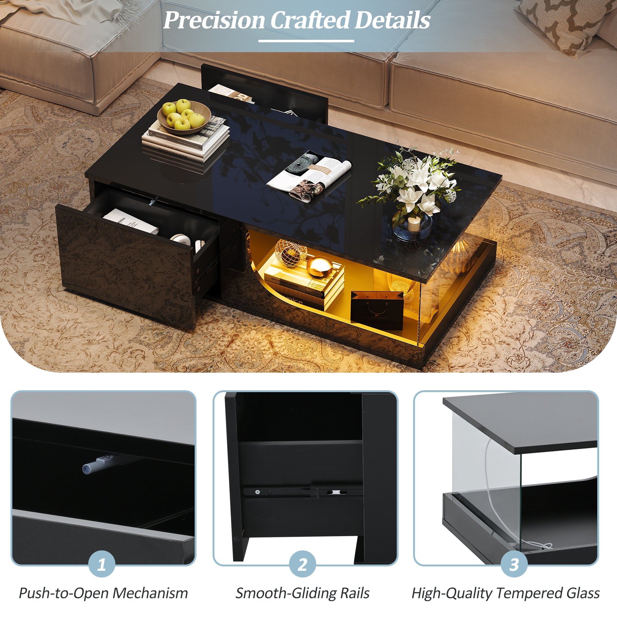 Logidon Zwarte hoogglans salontafel 100x50x30 cm LED-verlichting